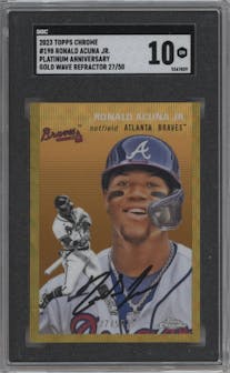 Ronald Acuna Jr. from the 2023 Topps Chrome Platinum Anniversary set featuring a Gold Wave Refractor parallel graded by SGC and given an overall grade of 10.