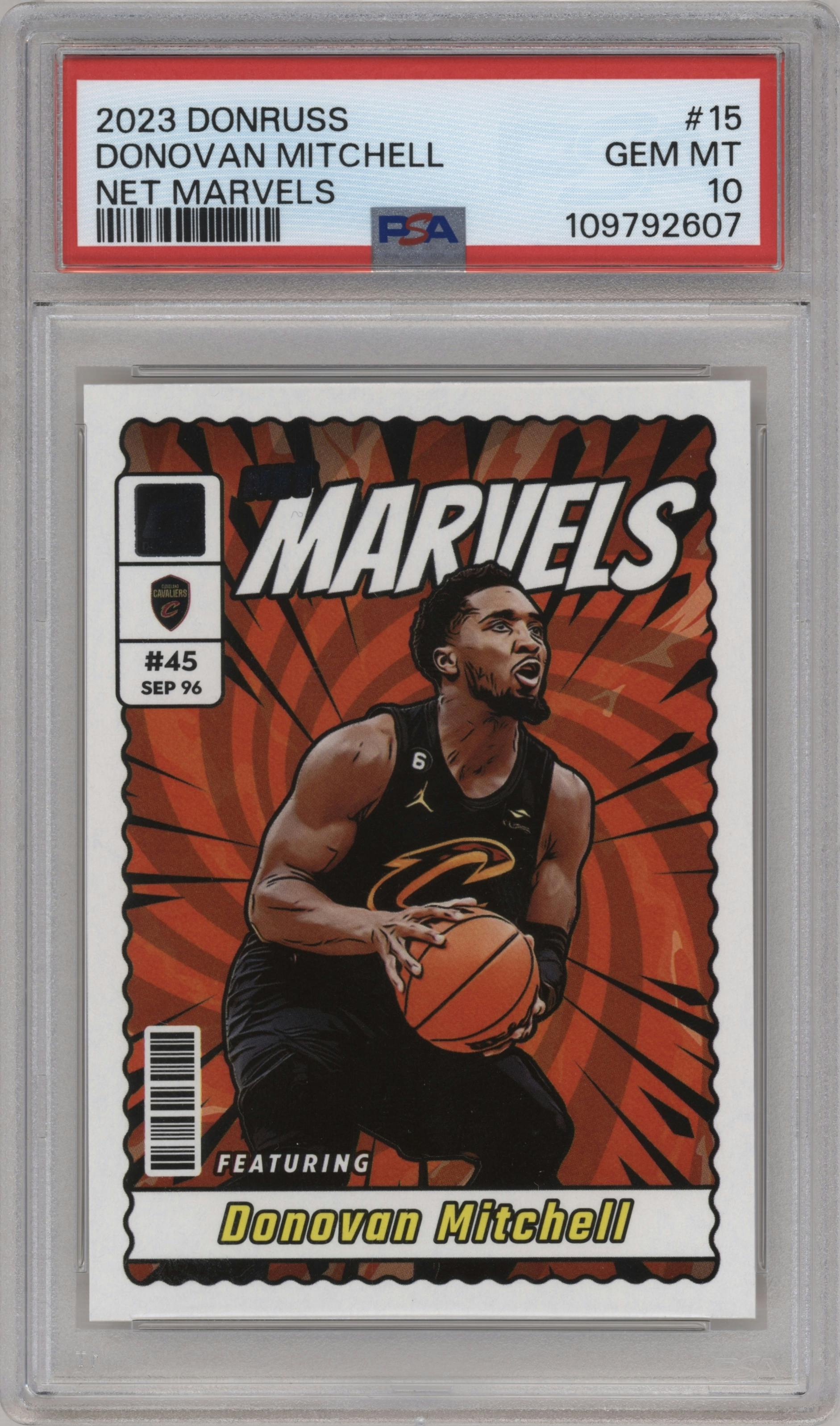 Donovan Mitchell from the 2023-24 Panini Donruss set graded by PSA and given an overall grade of 10.