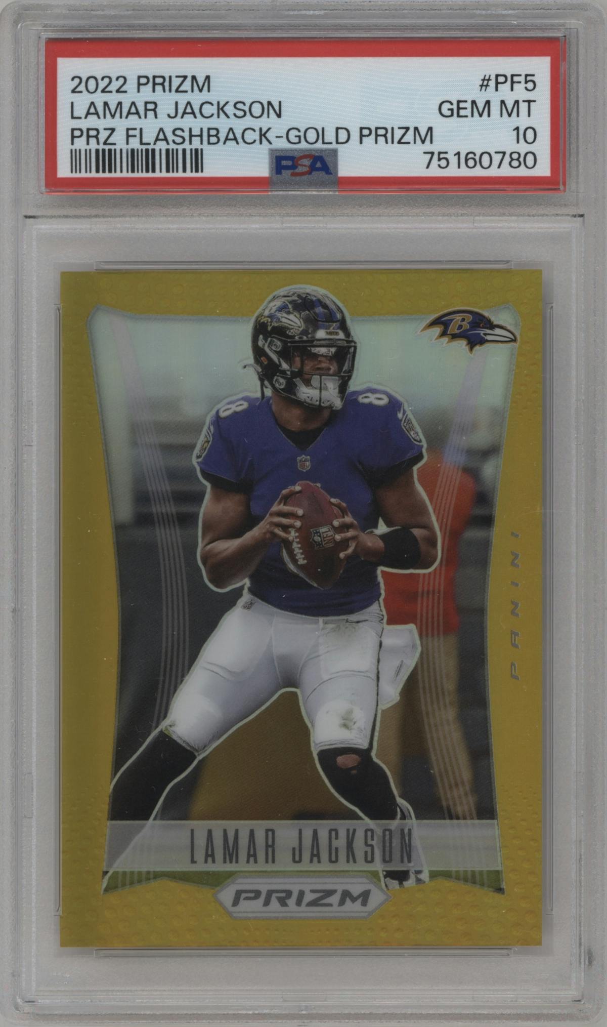 Lamar Jackson from the 2022 Panini Prizm set featuring a Gold parallel graded by PSA and given an overall grade of 10.