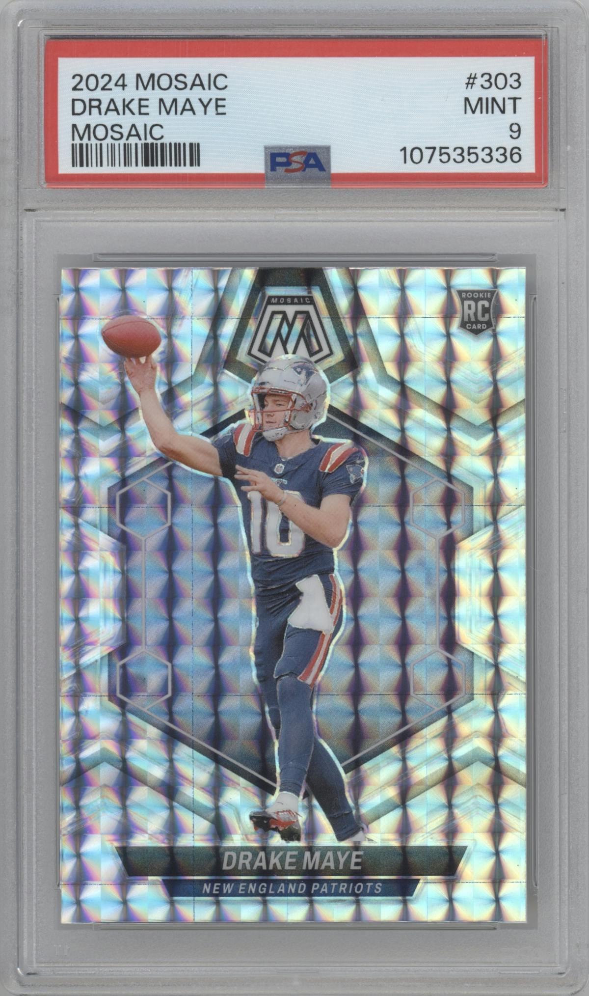 Drake Maye from the 2024 Panini Mosaic set featuring a Mosaic parallel graded by PSA and given an overall grade of 9.
