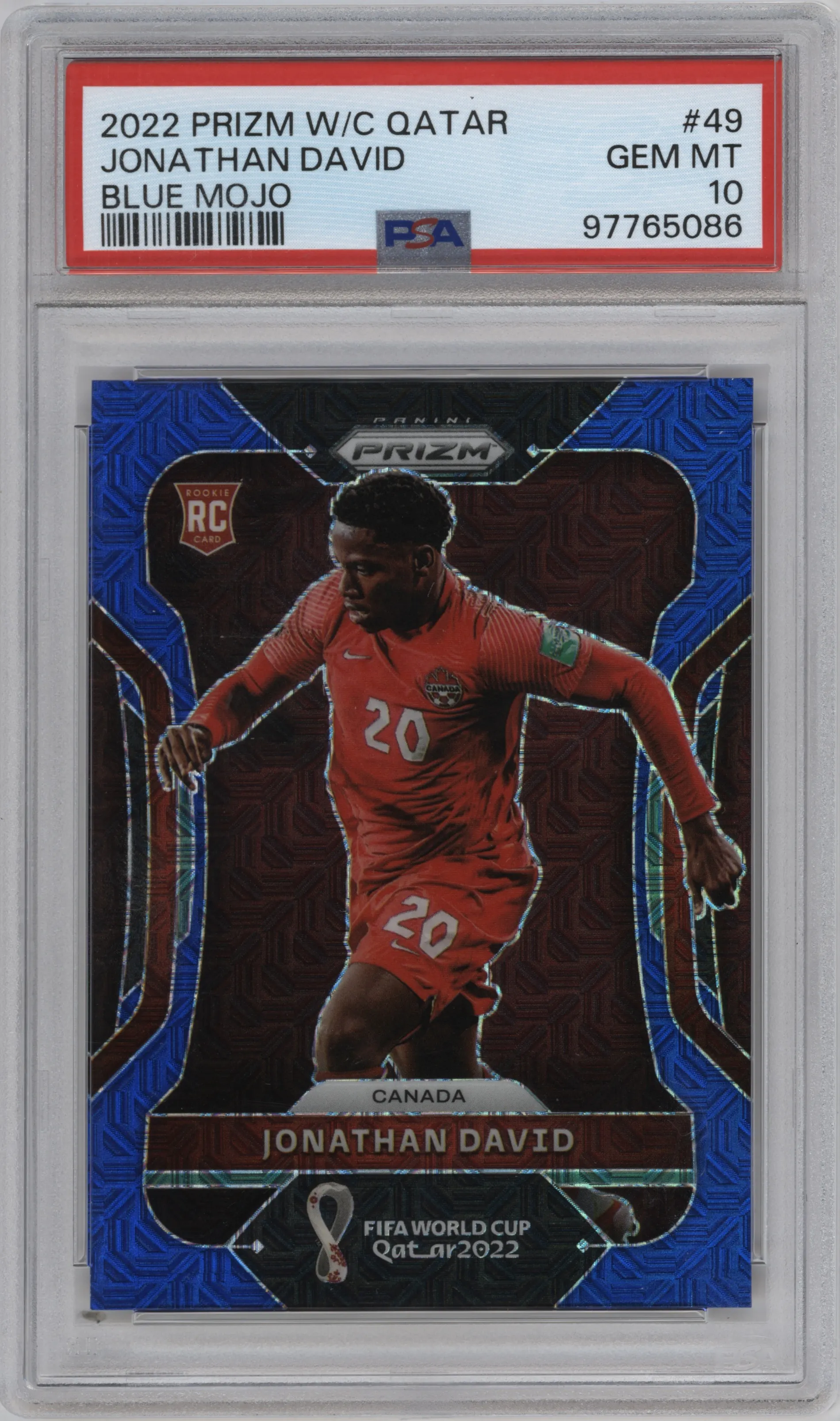 2022 Panini Prizm FIFA WC Qatar Jonathan David Blue Mojo #49 PSA 10