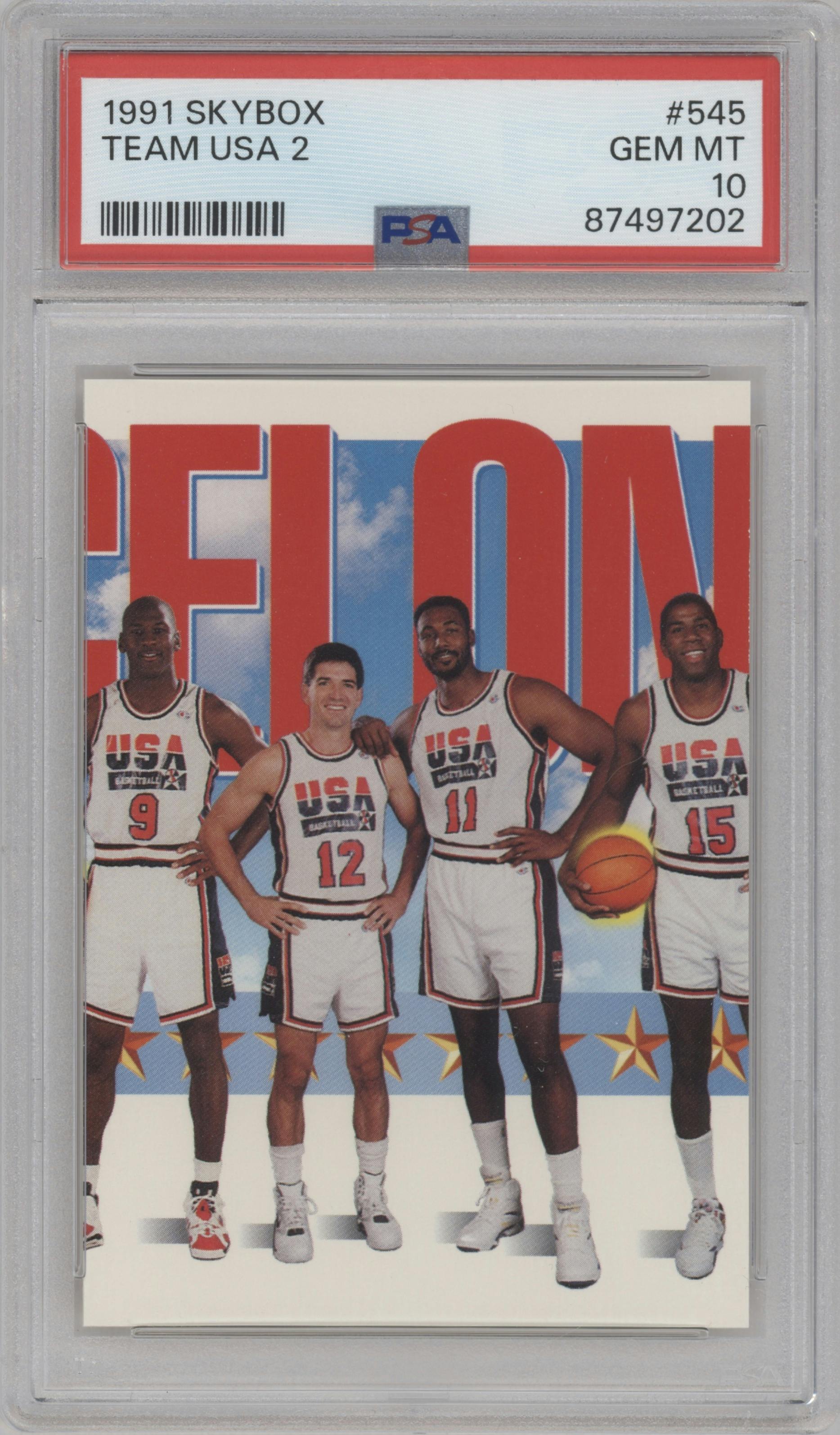 Michael Jordan/John Stockton/Karl Malone/Earvin Johnson from the 1991-92 Skybox set graded by PSA and given an overall grade of 10.
