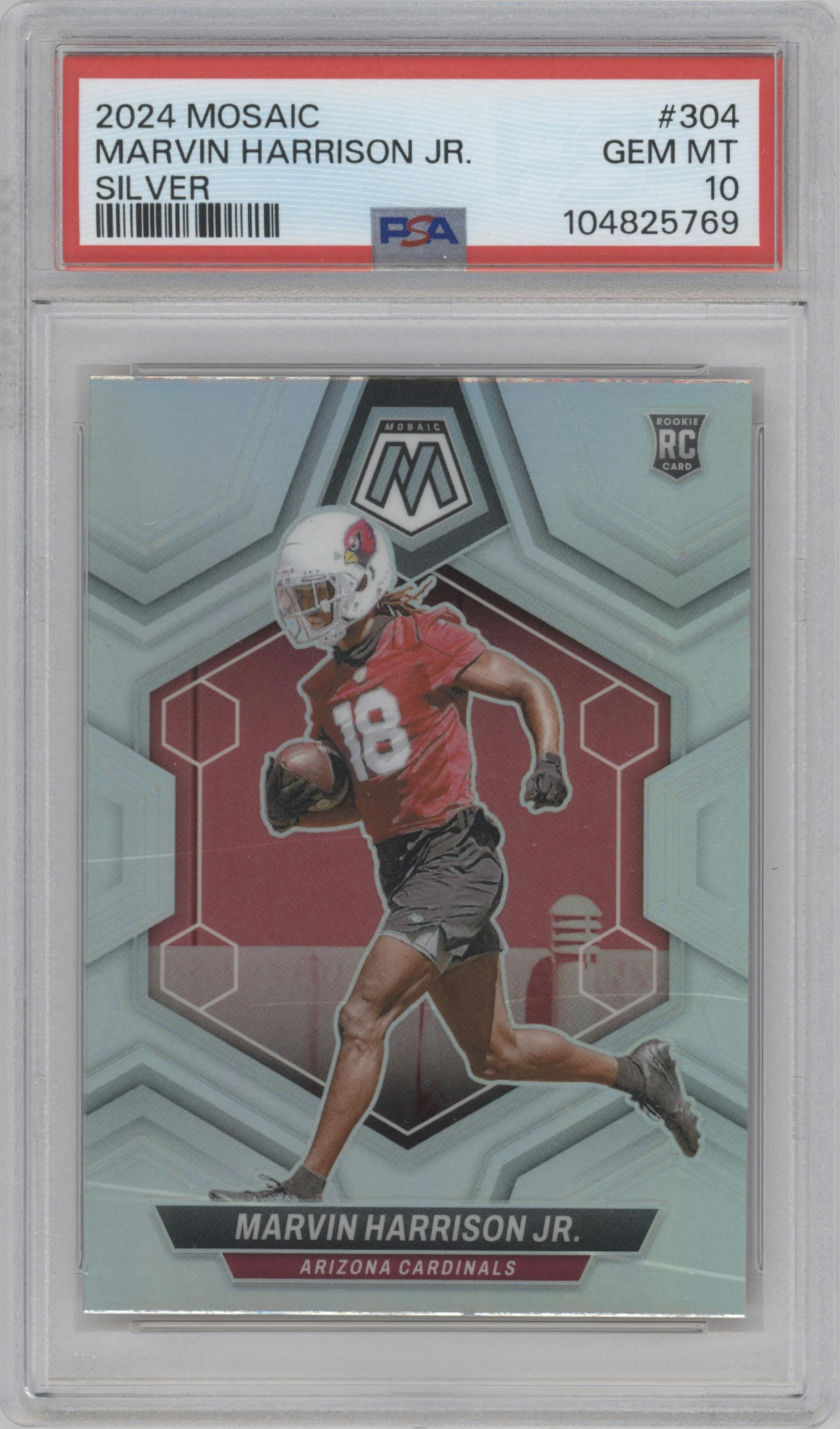 Marvin Harrison Jr. from the 2024 Panini Mosaic set featuring a Silver parallel graded by PSA and given an overall grade of 10.