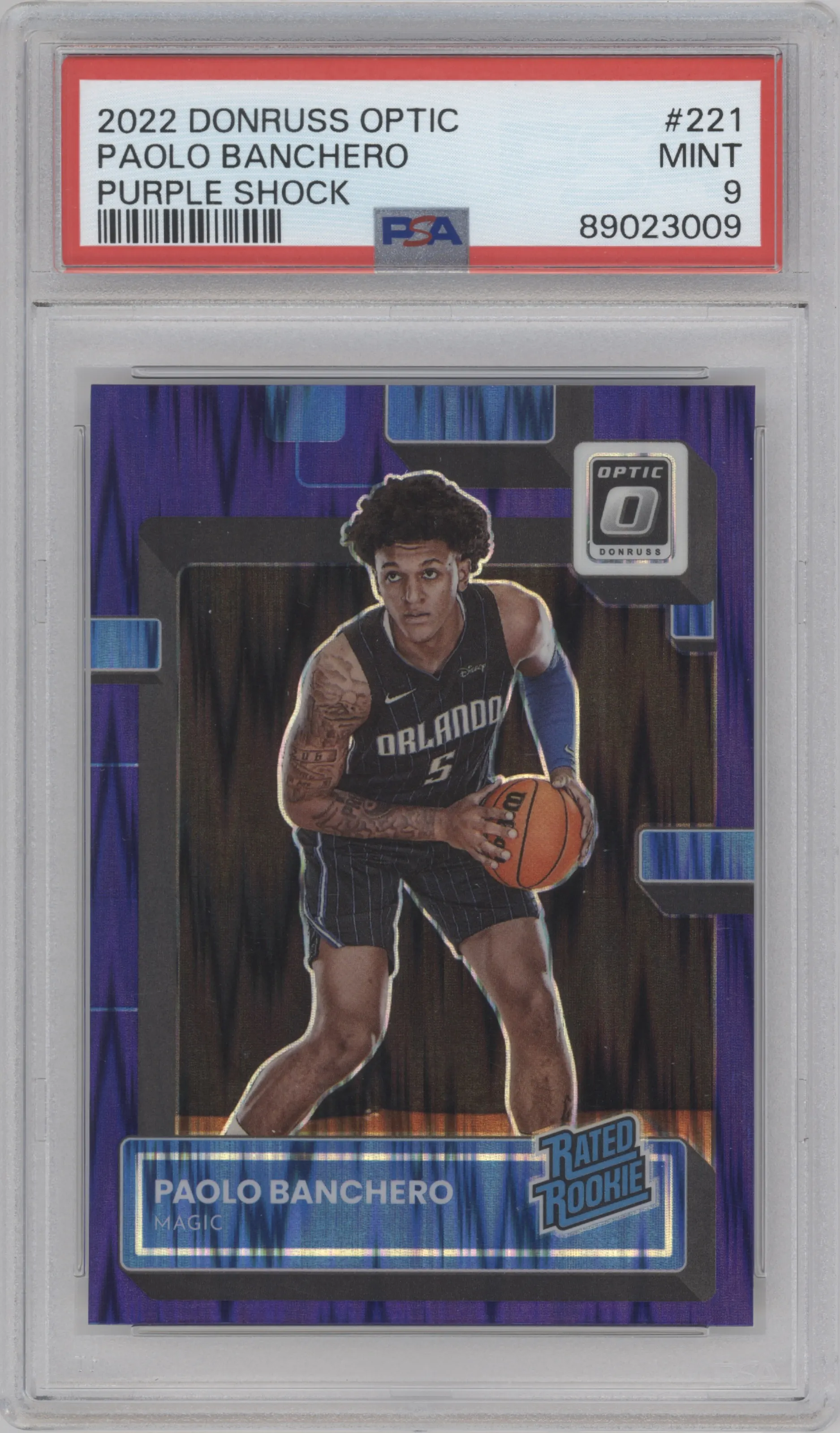 Paolo Banchero from the 2022-23 Panini Donruss Optic  set featuring a Purple Shock parallel graded by PSA and given an overall grade of 9.