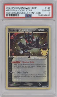 Greninja Gold Star from the 2021 Pokemon SWSH set featuring a Celebrations Elite Trainer Box parallel graded by PSA and given an overall grade of 8.