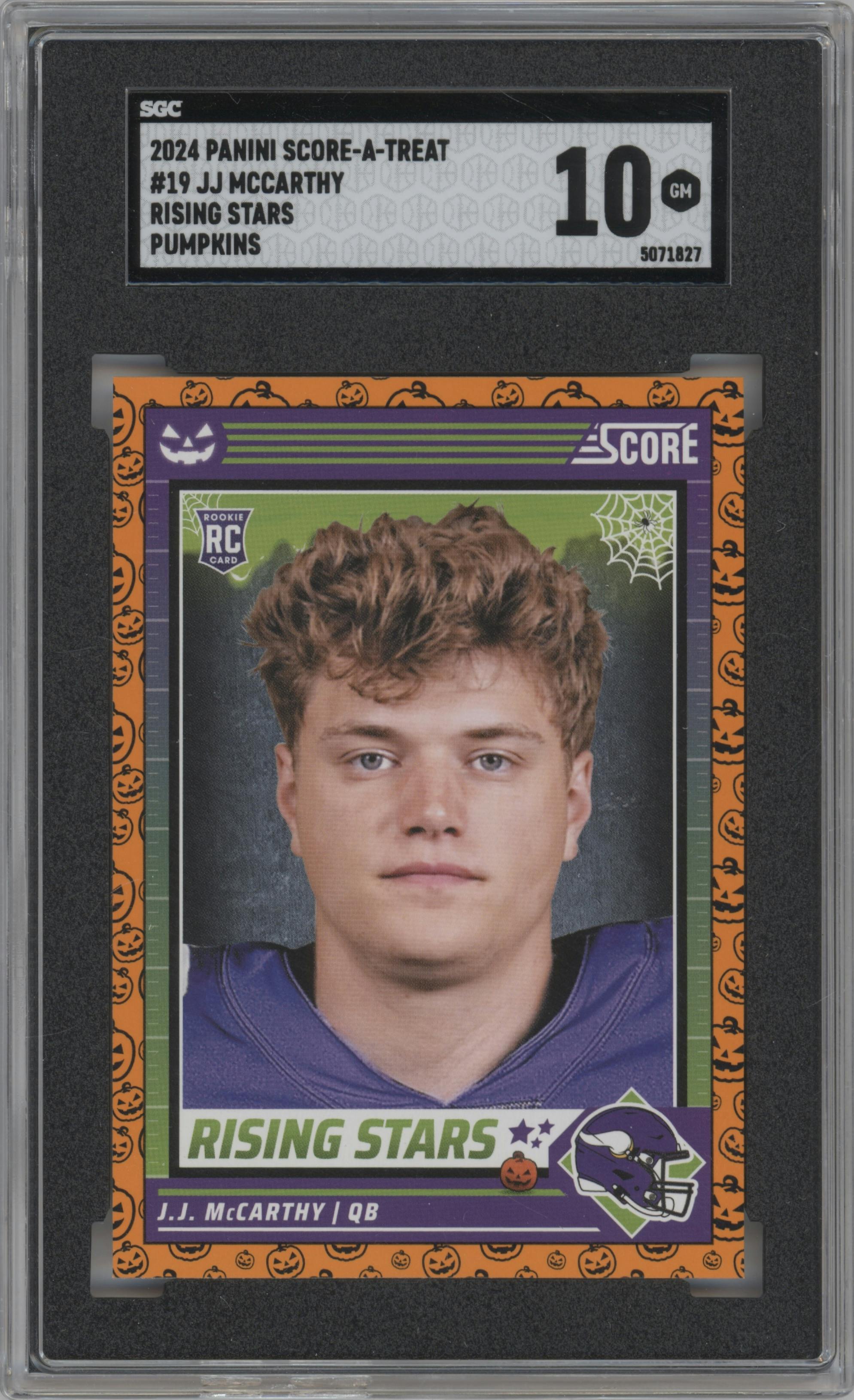 J.J. McCarthy from the 2024 Score-a-Treat set featuring a Pumpkin parallel graded by SGC and given an overall grade of 10.
