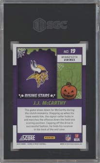J.J. McCarthy from the 2024 Score-a-Treat set featuring a Pumpkin parallel graded by SGC and given an overall grade of 10.