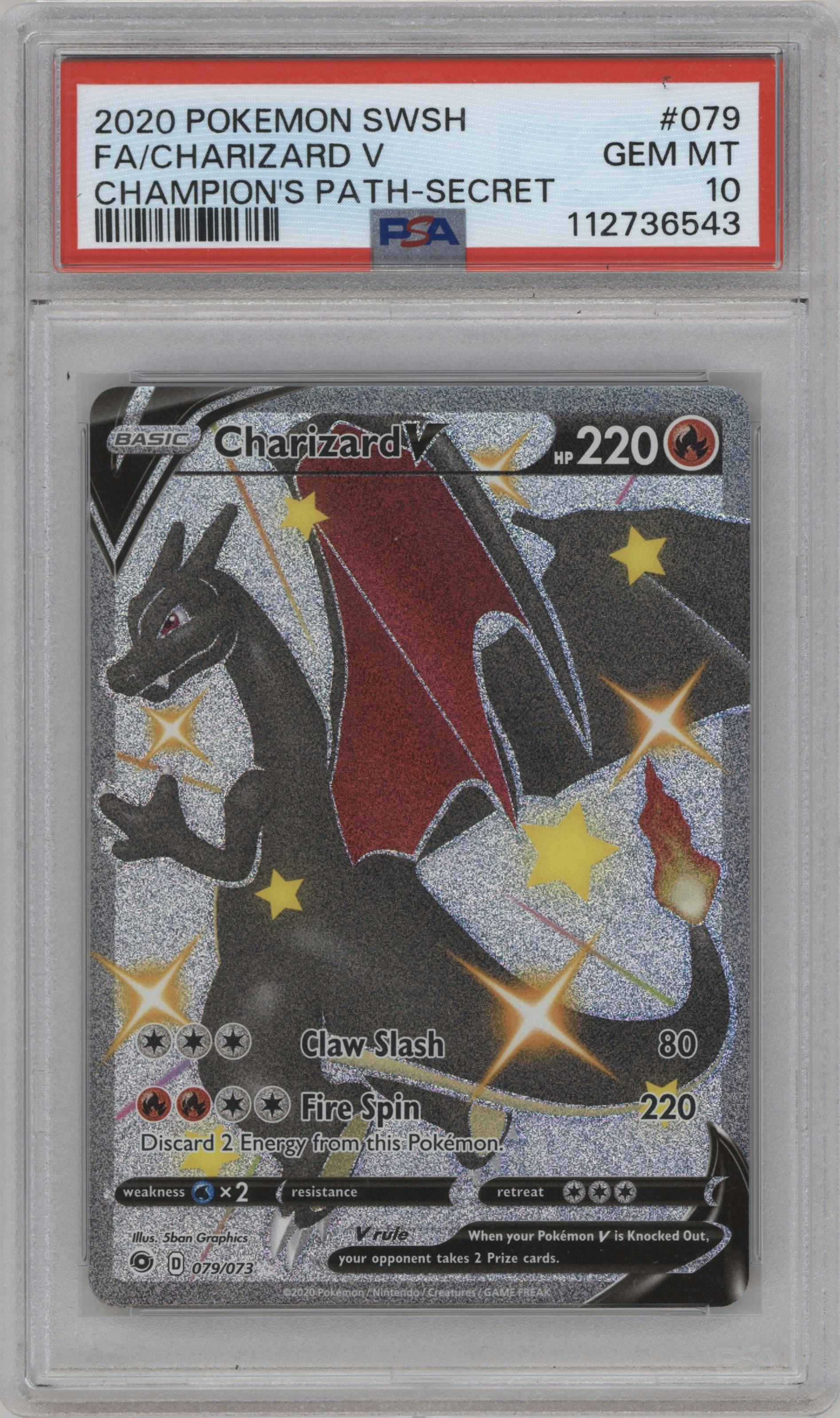 Charizard V from the 2020 Pokemon SWSH set graded by PSA and given an overall grade of 10.