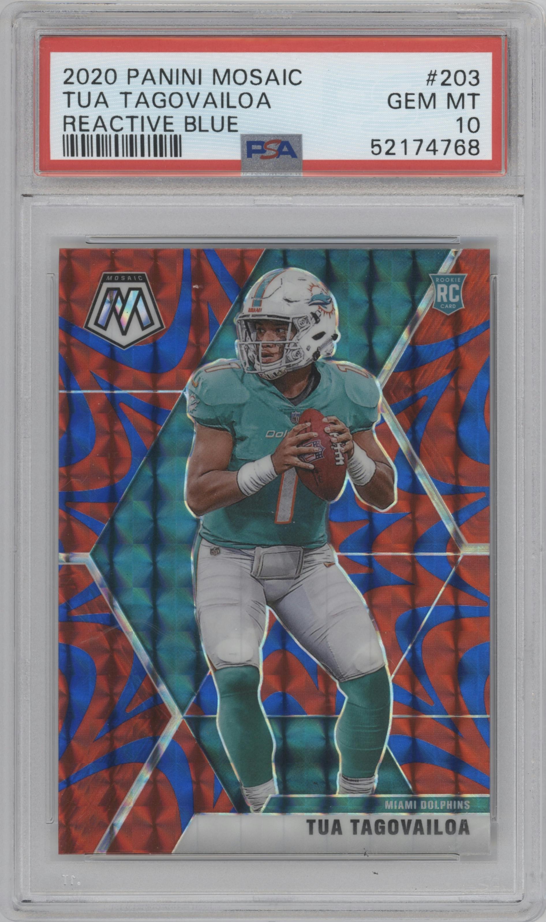 Tua Tagovailoa from the 2020 Panini Mosaic set featuring a Reactive Blue parallel graded by PSA and given an overall grade of 10.