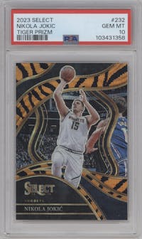 Nikola Jokic from the 2023-24 Panini Select  set featuring a Tiger parallel graded by PSA and given an overall grade of 10.