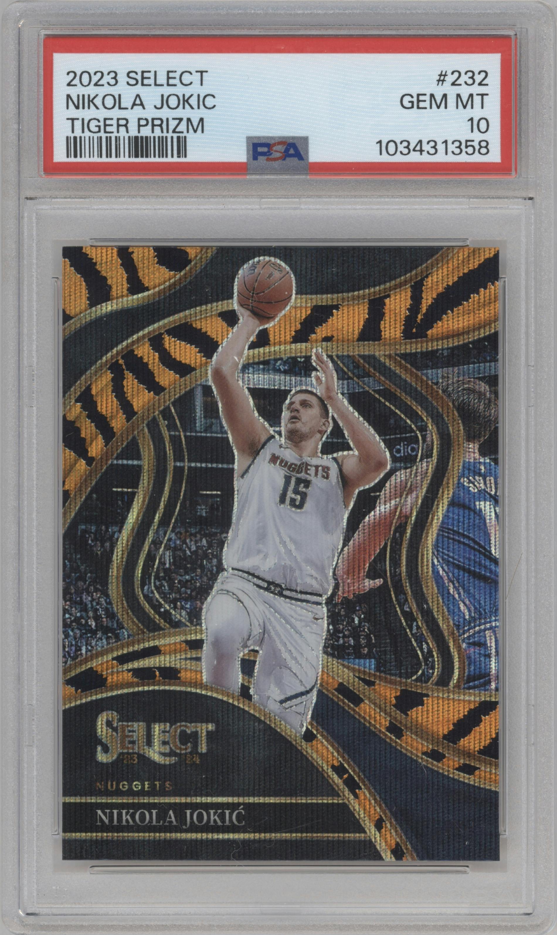 Nikola Jokic from the 2023-24 Panini Select  set featuring a Tiger parallel graded by PSA and given an overall grade of 10.