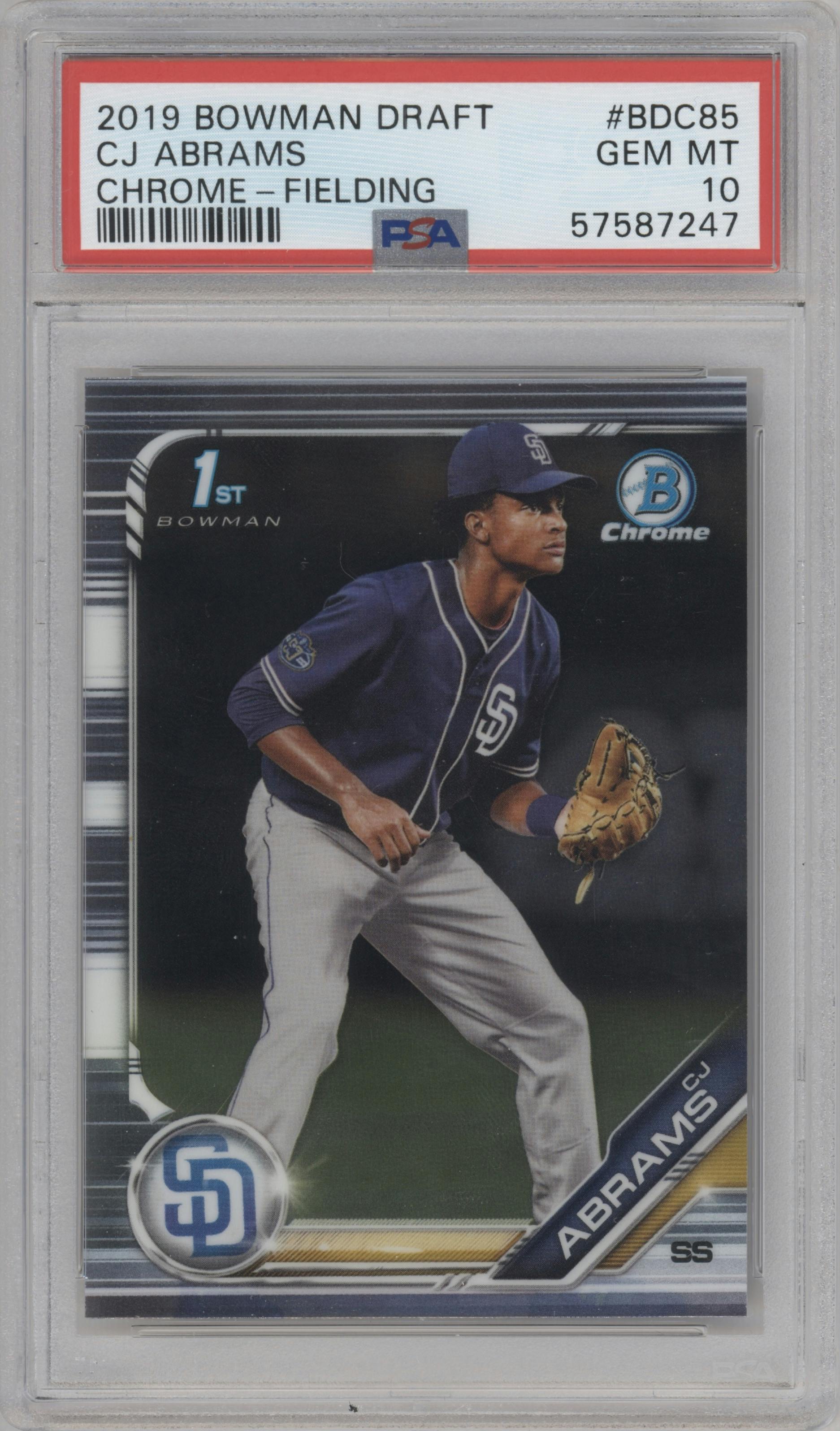CJ Abrams from the 2019 Bowman Draft set graded by PSA and given an overall grade of 10.