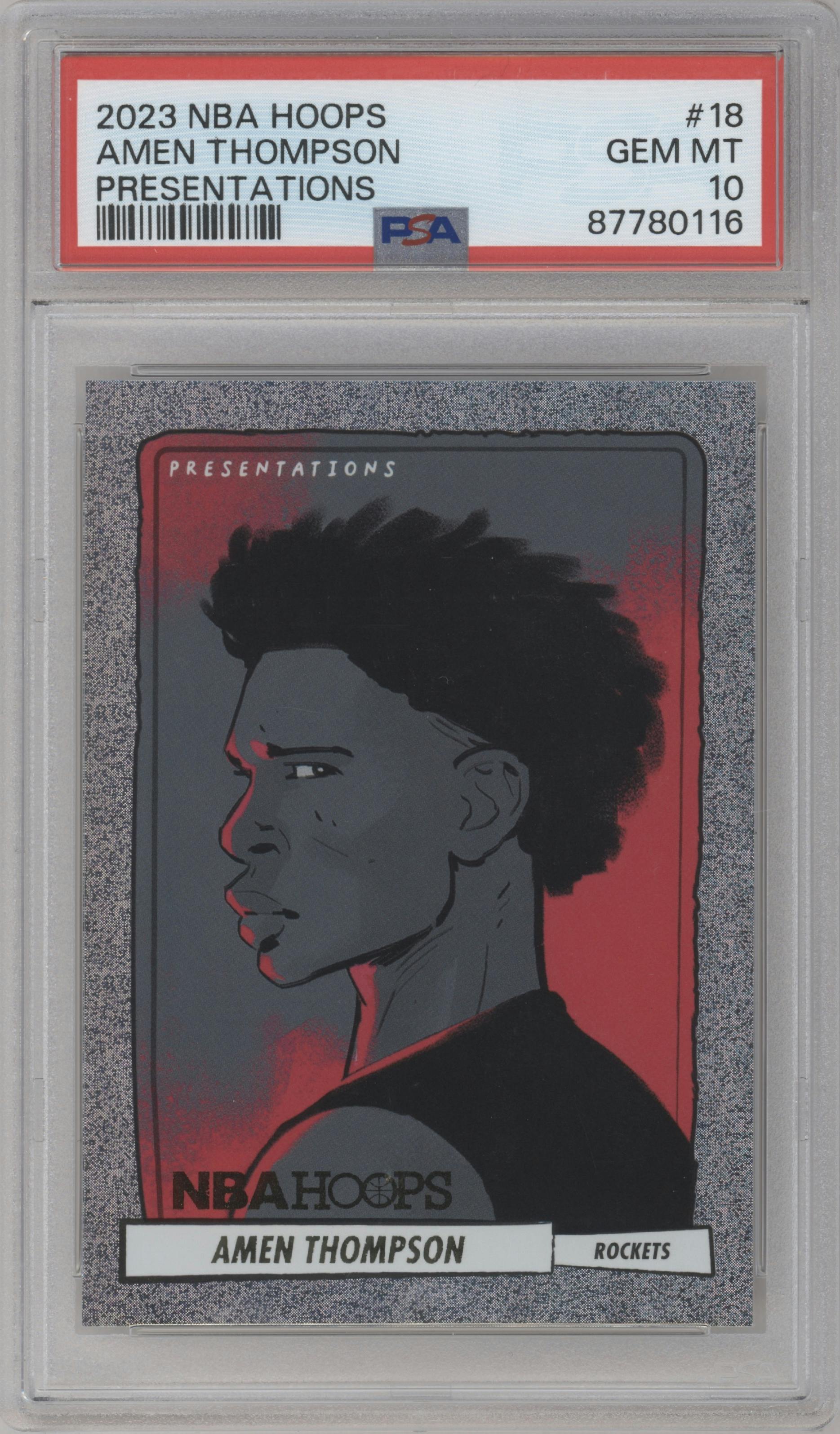 Amen Thompson from the 2023-24 Panini NBA Hoops set graded by PSA and given an overall grade of 10.
