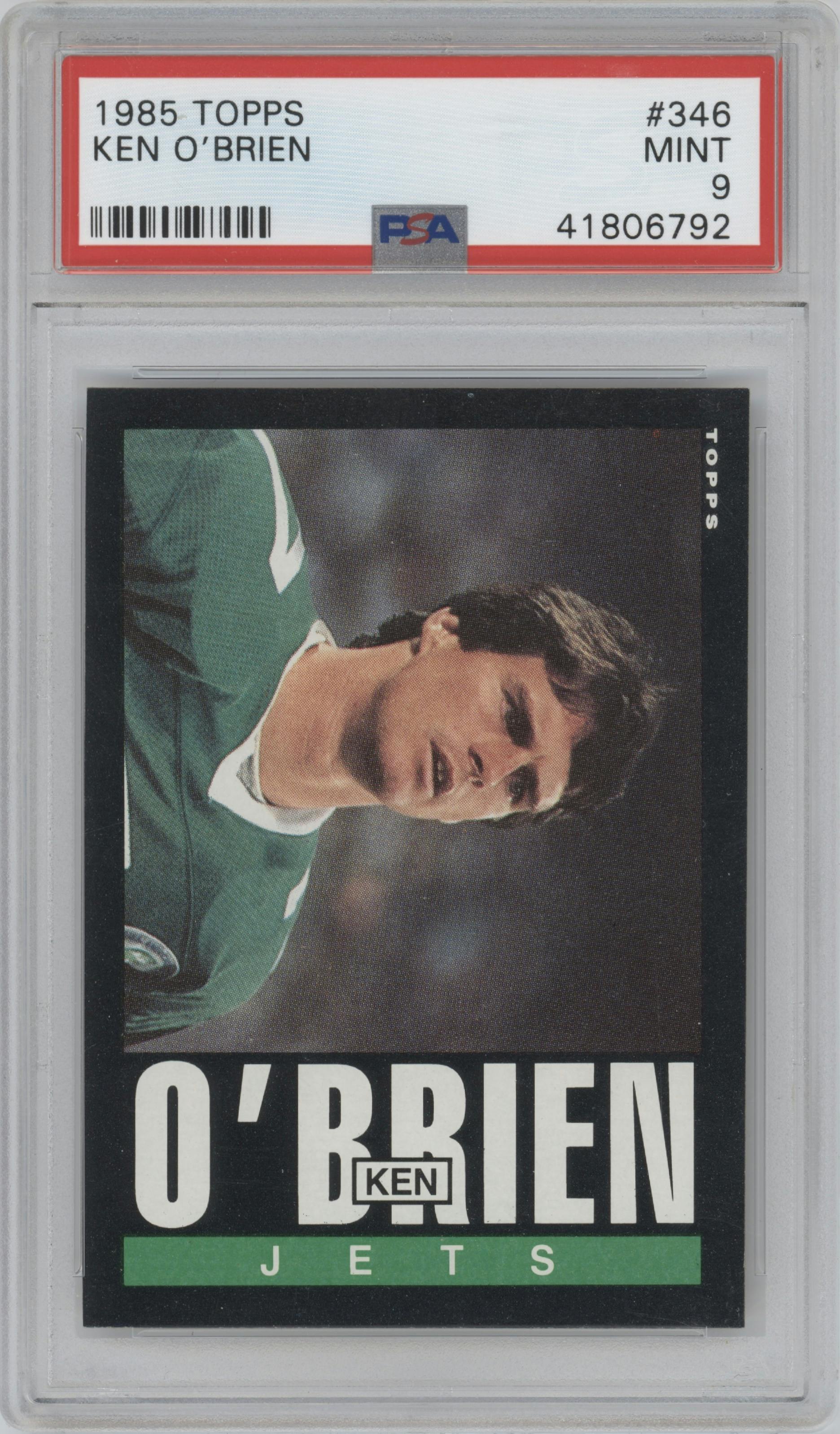 Ken O'Brien from the 1985 Topps set graded by PSA and given an overall grade of 9.