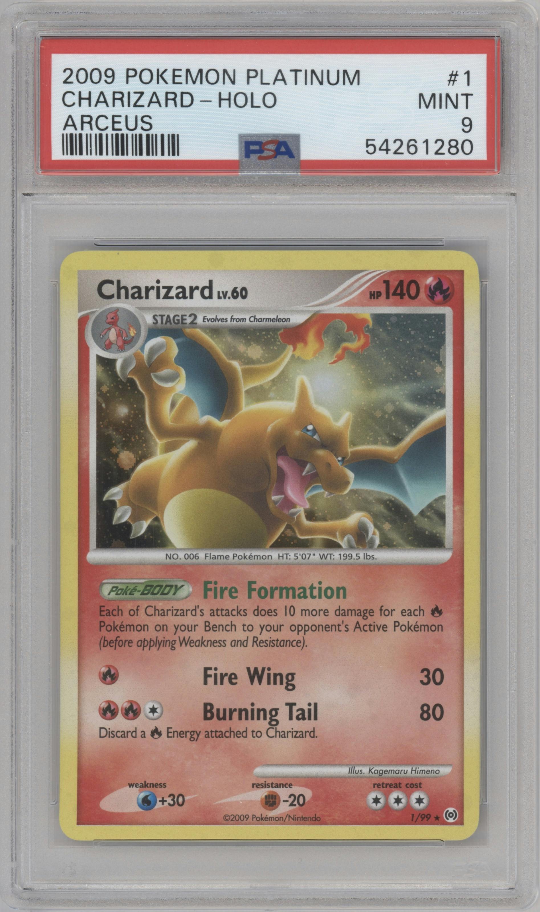 Charizard from the 2009 Pokemon Platinum set graded by PSA and given an overall grade of 9.