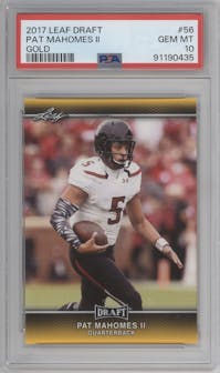 Pat Mahomes II from the 2017 Leaf Draft set featuring a Gold parallel graded by PSA and given an overall grade of 10.