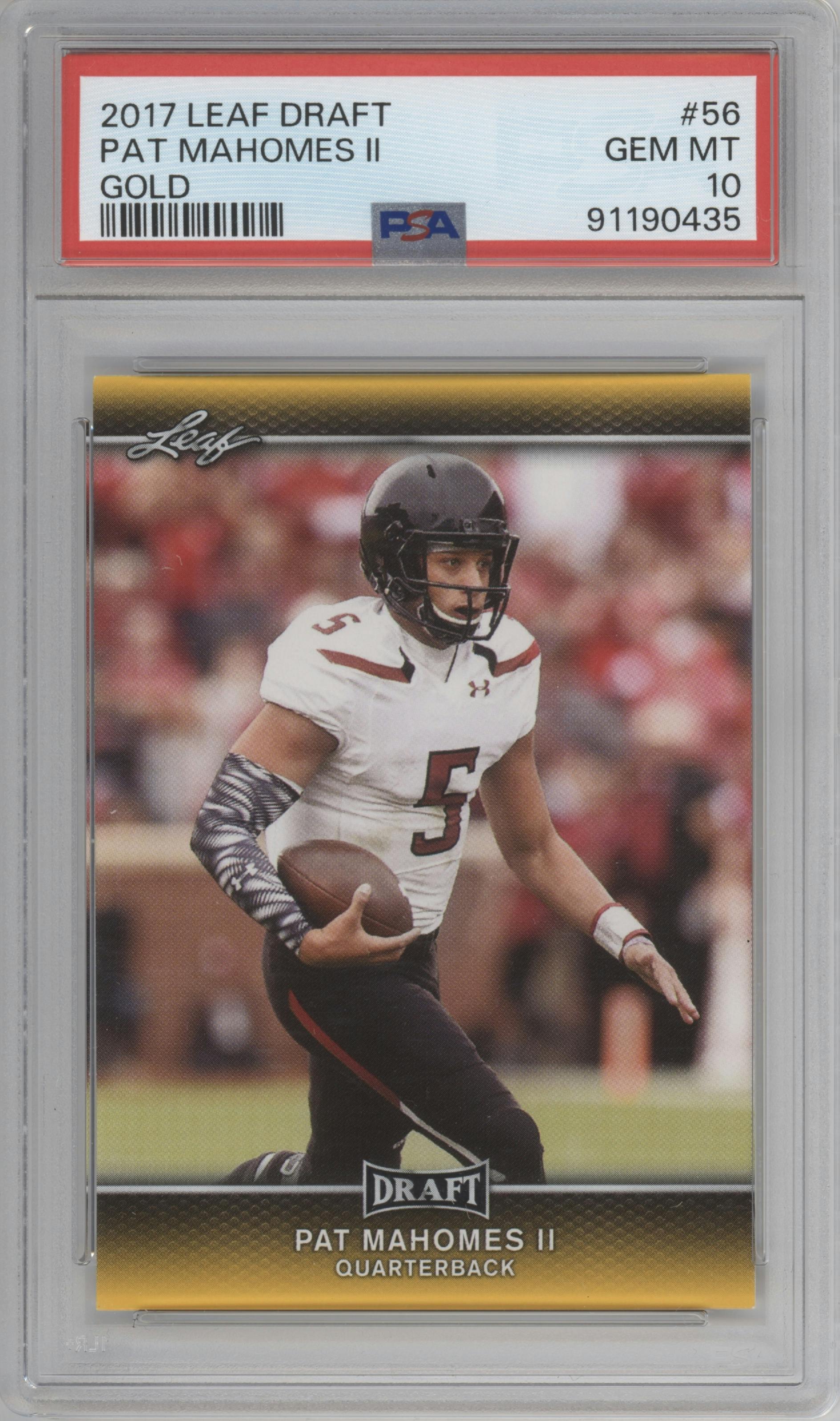 Pat Mahomes II from the 2017 Leaf Draft set featuring a Gold parallel graded by PSA and given an overall grade of 10.