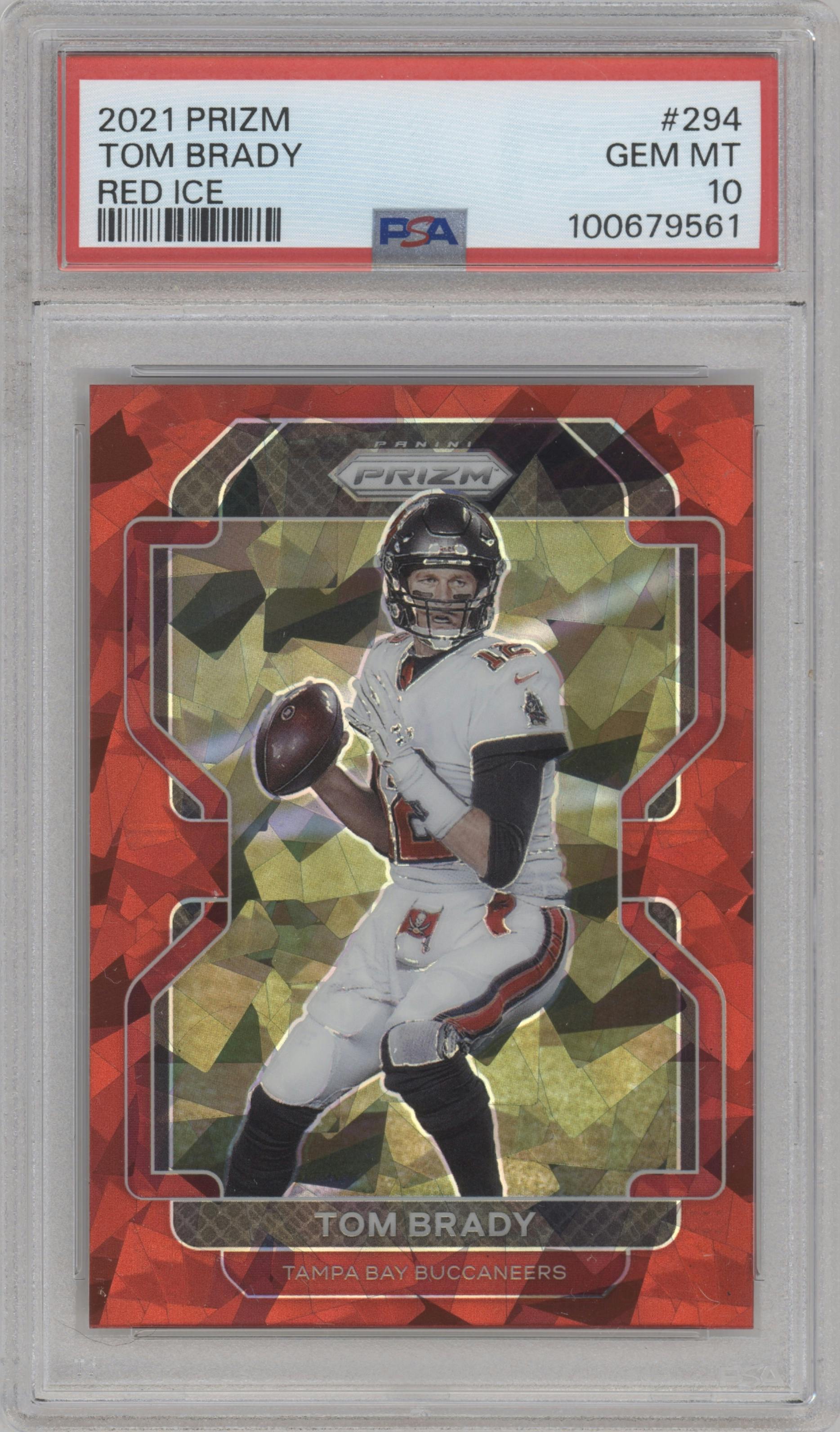 Tom Brady from the 2021 Panini Prizm set featuring a Red Ice parallel graded by PSA and given an overall grade of 10.