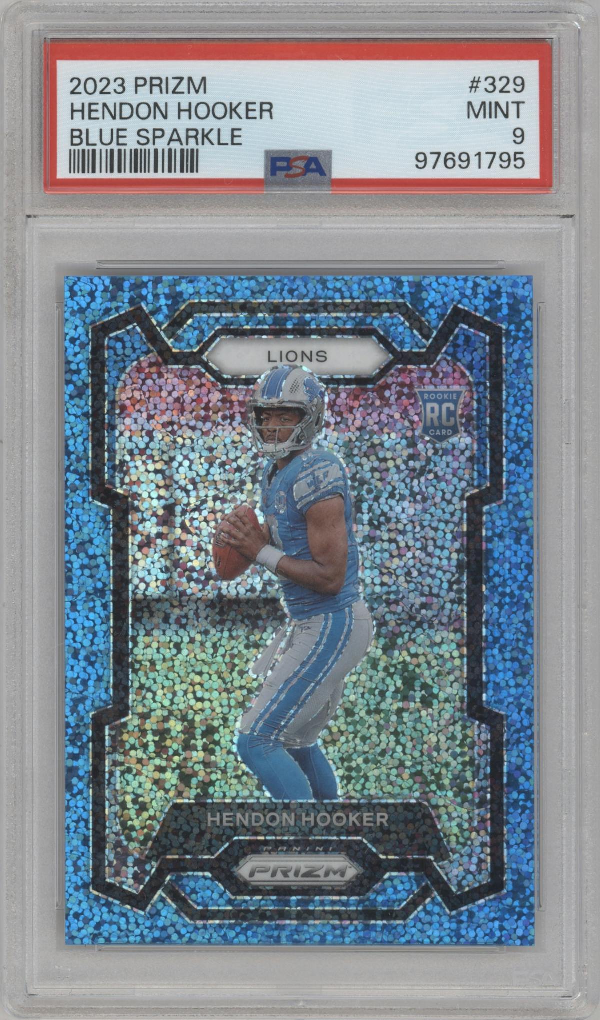 Hendon Hooker from the 2023 Panini Prizm set featuring a Blue Sparkle parallel graded by PSA and given an overall grade of 9.