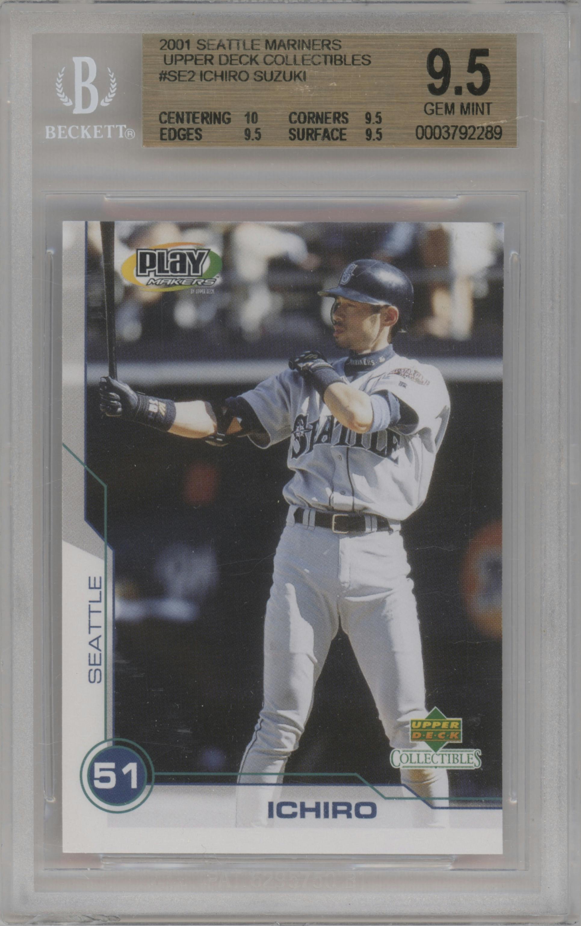 Ichiro  from the 2001 Upper Deck Collectibles MLB PlayMakers Cards Special Edition Ichiro set graded by Beckett and given an overall grade of 9.5.