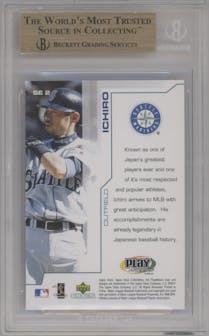 Ichiro  from the 2001 Upper Deck Collectibles MLB PlayMakers Cards Special Edition Ichiro set graded by Beckett and given an overall grade of 9.5.