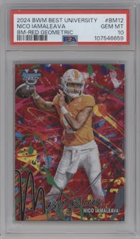 Nico Iamaleava from the 2024 Bowman University Best set featuring a Red Geometric Refractor parallel graded by PSA and given an overall grade of 10.