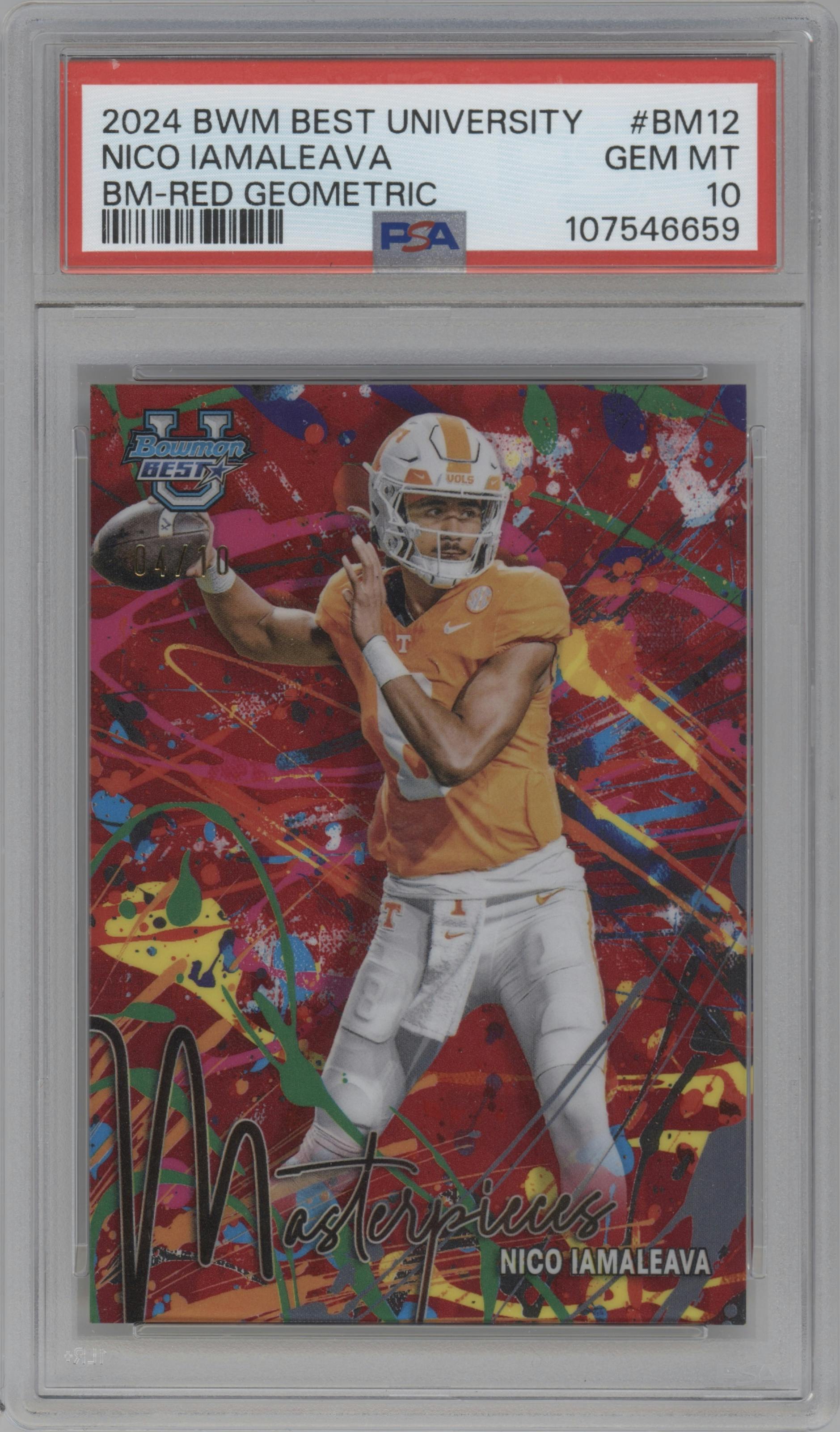 Nico Iamaleava from the 2024 Bowman University Best set featuring a Red Geometric Refractor parallel graded by PSA and given an overall grade of 10.