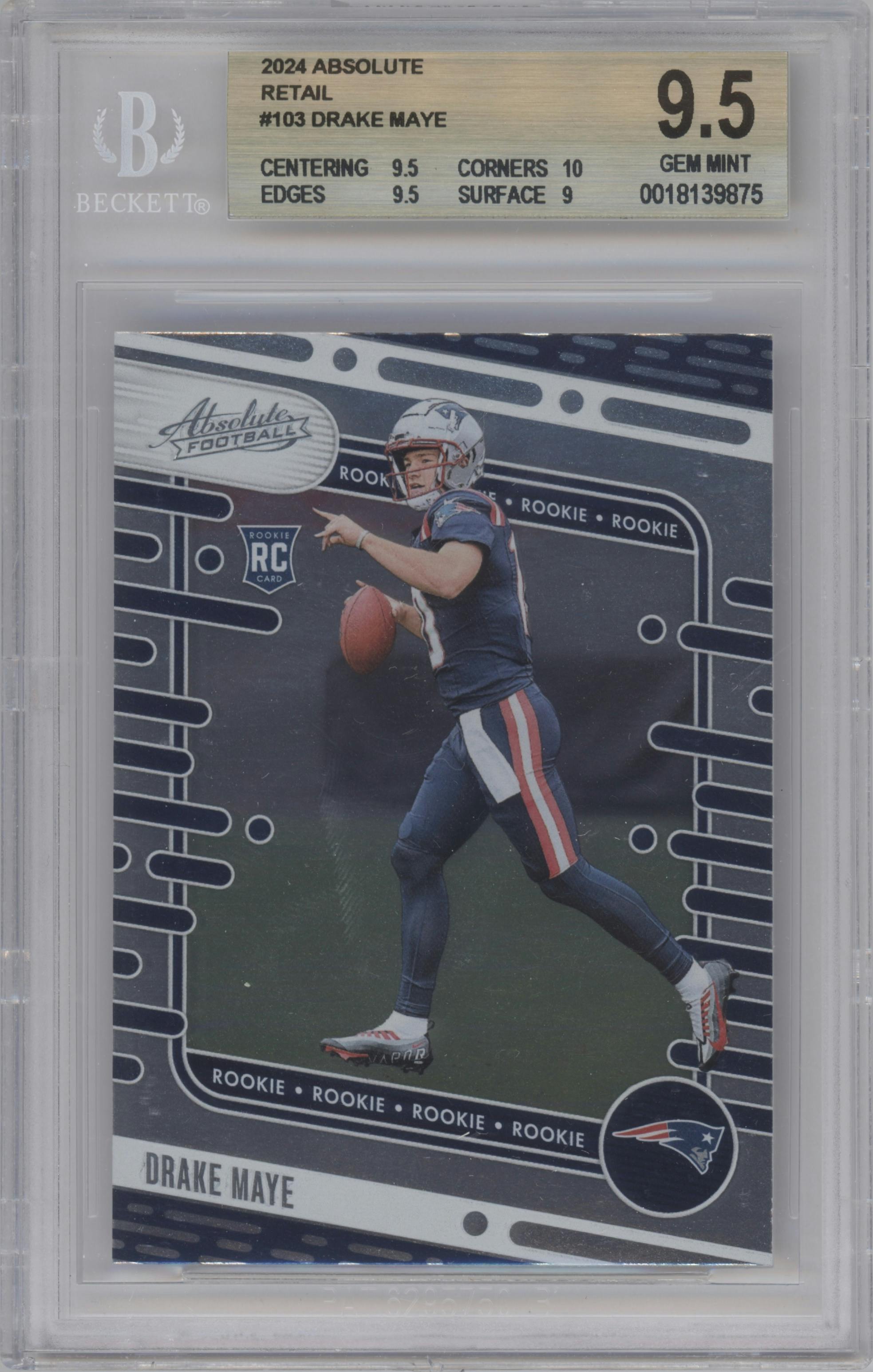 Drake Maye from the 2024 Panini Absolute set featuring a Retail parallel graded by Beckett and given an overall grade of 9.5.