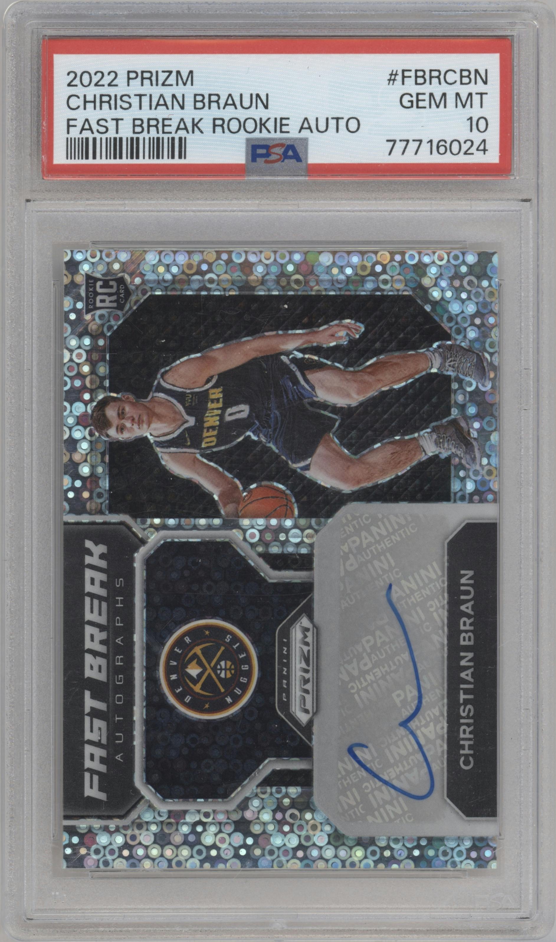 Christian Braun from the 2022-23 Panini Prizm  set graded by PSA and given an overall grade of 10.