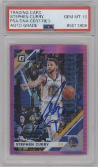 Stephen Curry from the 2019-20 Panini Donruss Optic set featuring a Hyper Pink parallel graded by PSA.