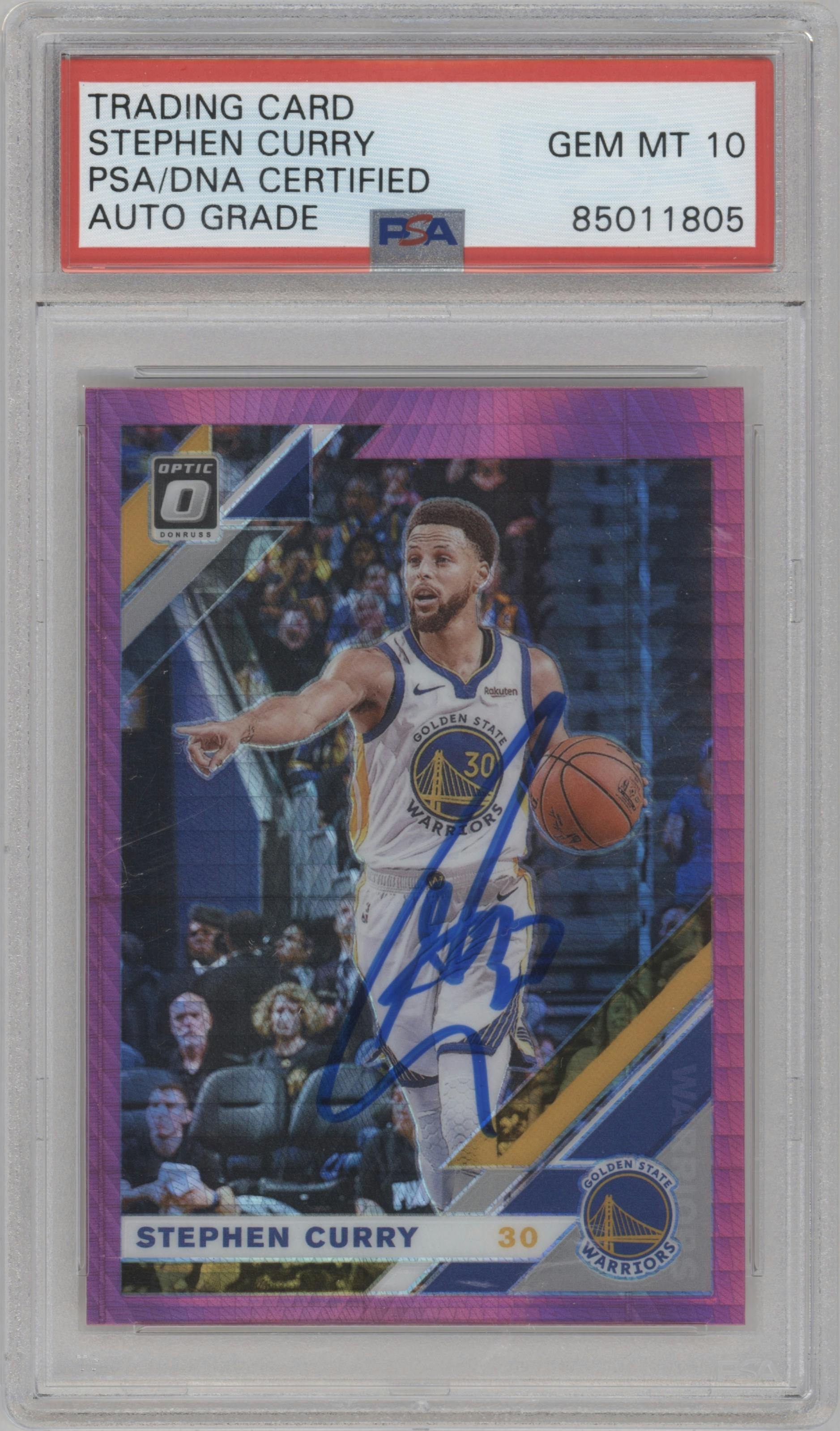 Stephen Curry from the 2019-20 Panini Donruss Optic set featuring a Hyper Pink parallel graded by PSA.