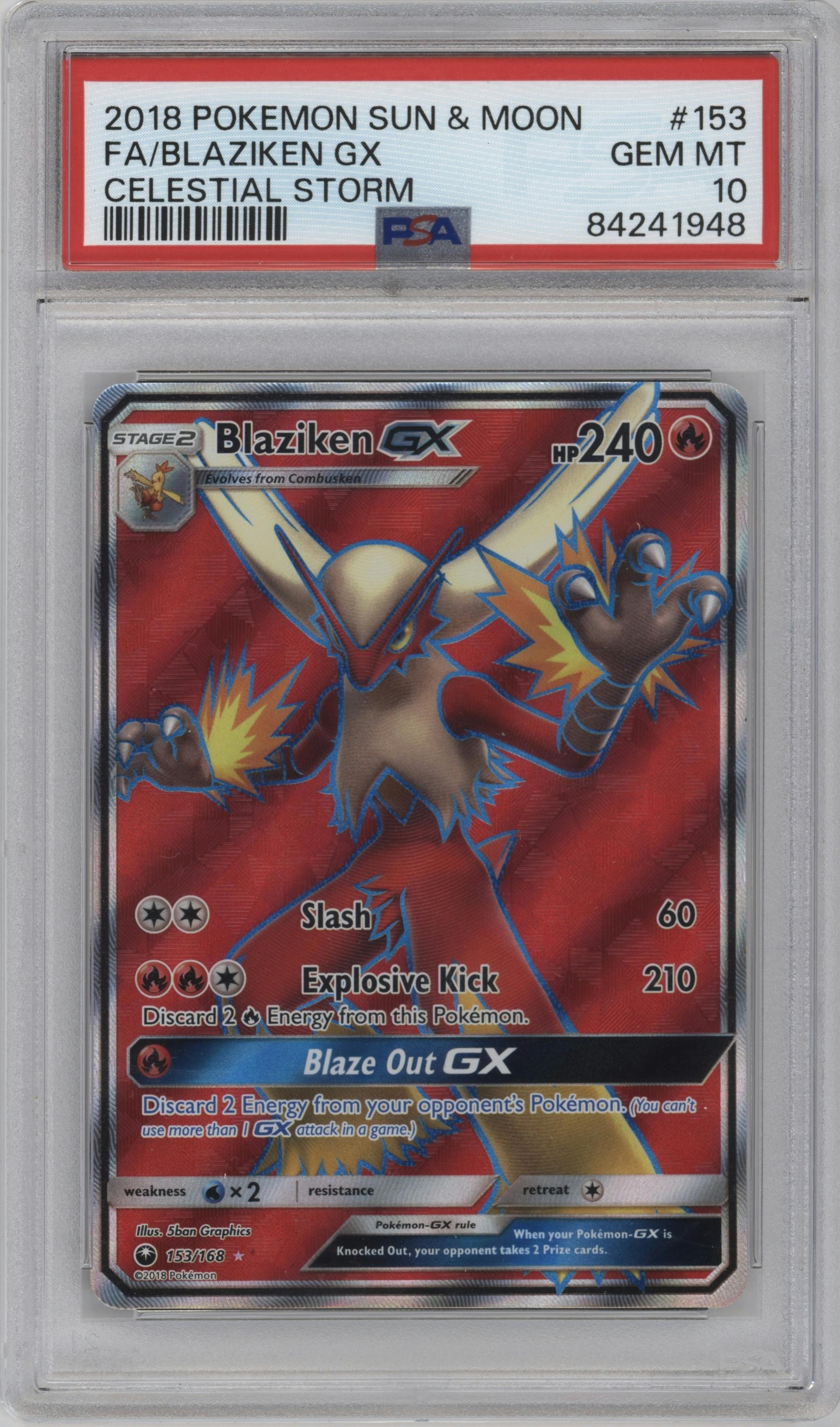 Blaziken GX from the 2018 Pokemon S&M  set graded by PSA and given an overall grade of 10.