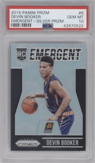 Devin Booker from the 2015-16 Panini Prizm  set featuring a Silver Prizm parallel graded by PSA and given an overall grade of 10.