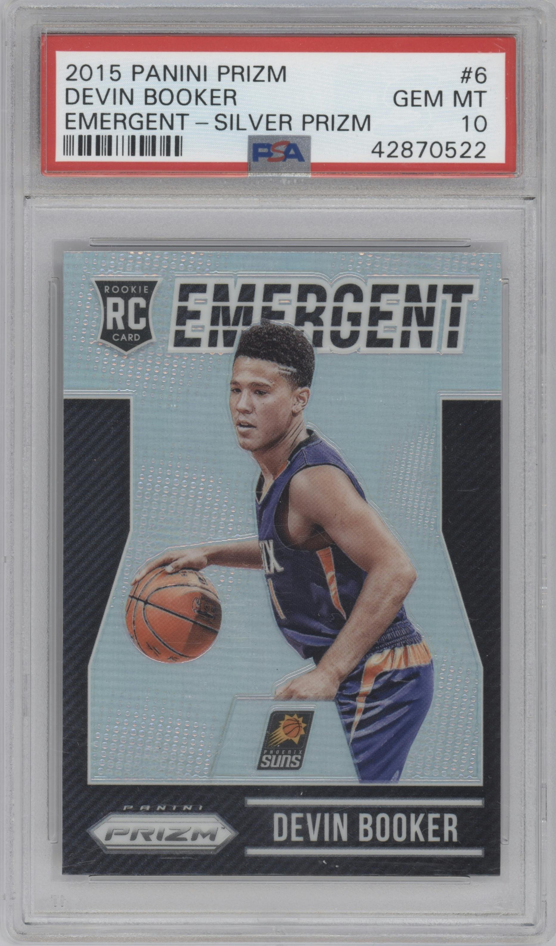 Devin Booker from the 2015-16 Panini Prizm  set featuring a Silver Prizm parallel graded by PSA and given an overall grade of 10.