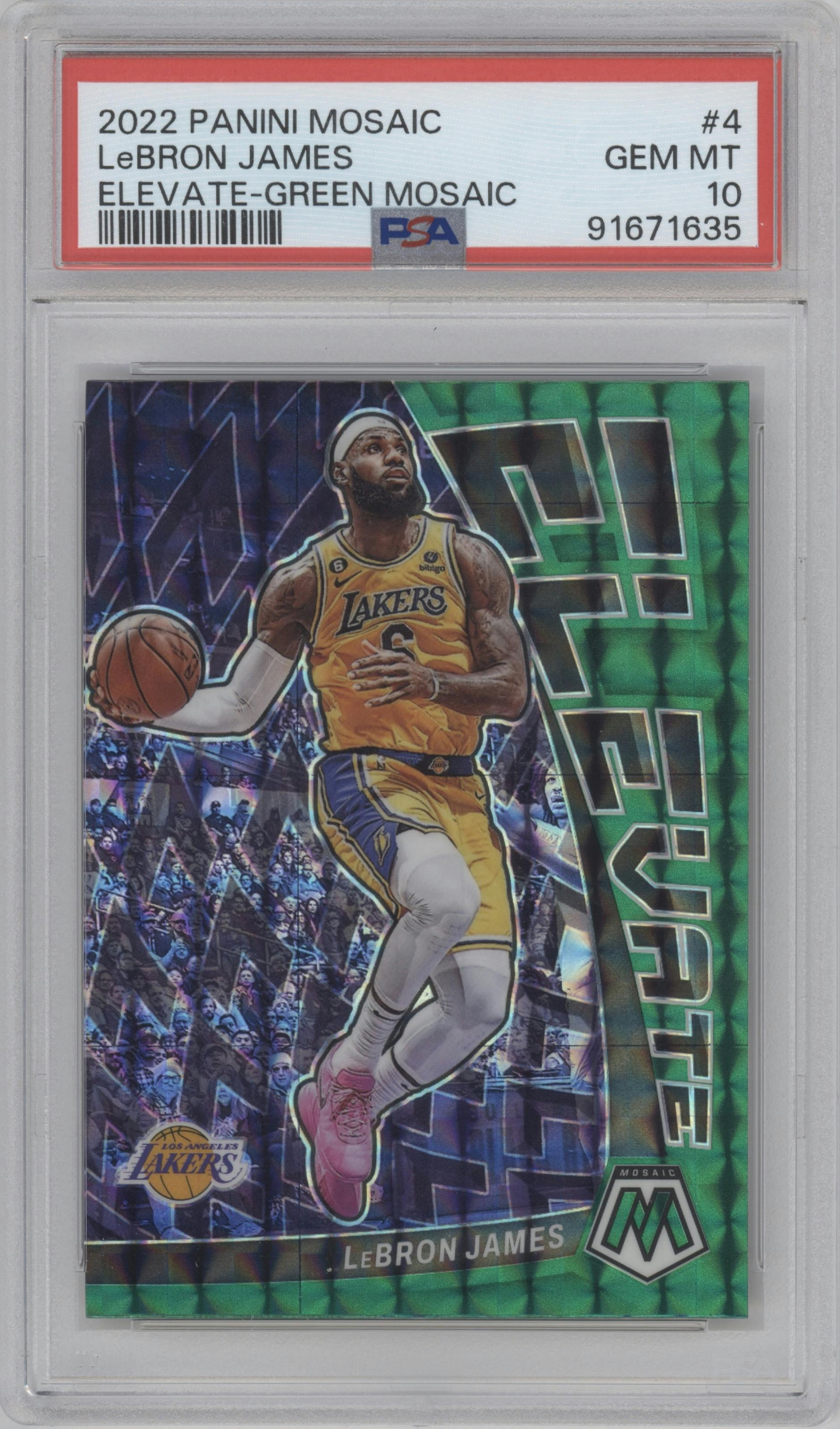 LeBron James  from the 2022-23 Panini Mosaic set featuring a Green Mosaic parallel graded by PSA and given an overall grade of 10.