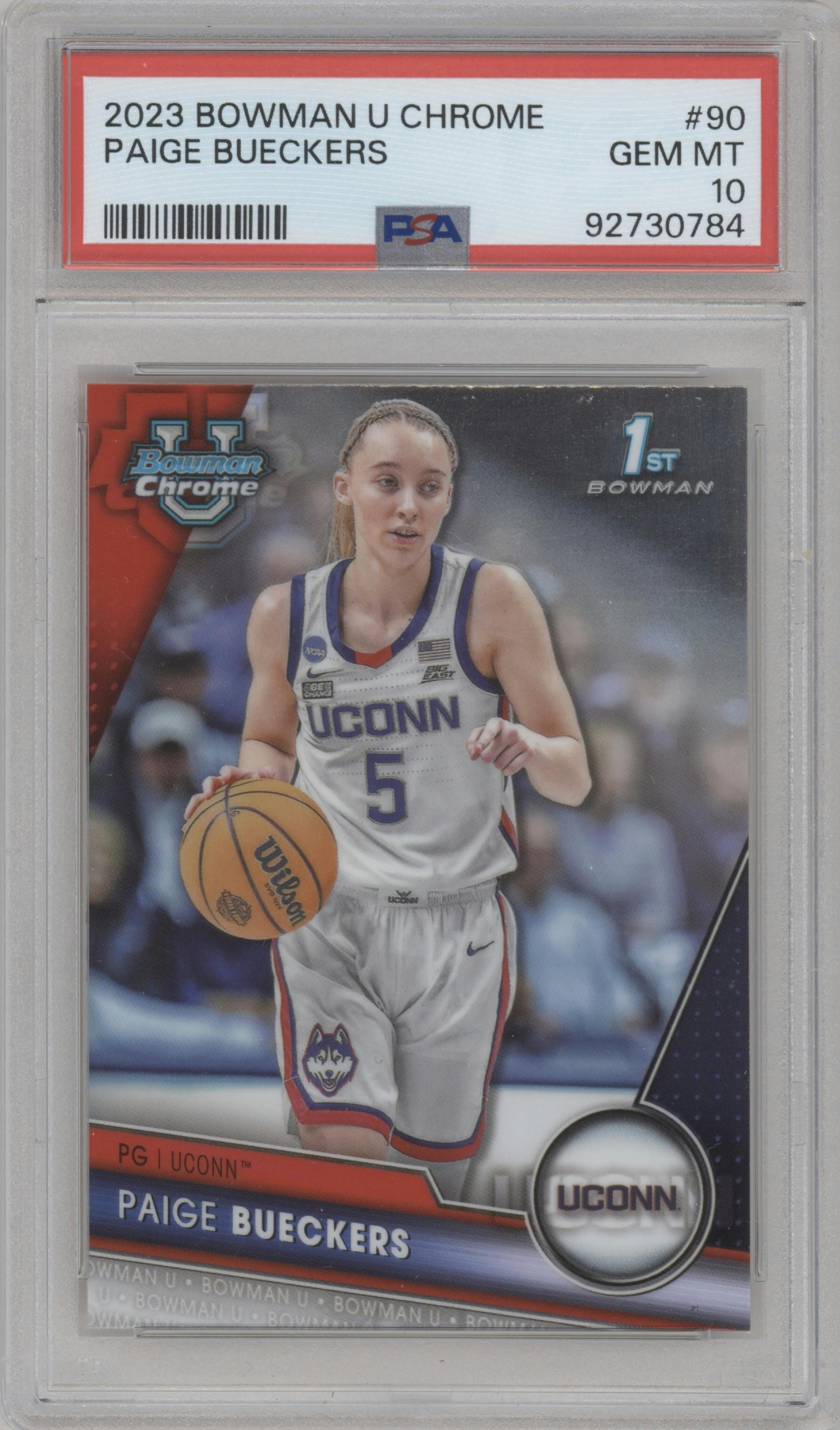 Paige Bueckers from the 2023-24 Bowman U Chrome set graded by PSA and given an overall grade of 10.