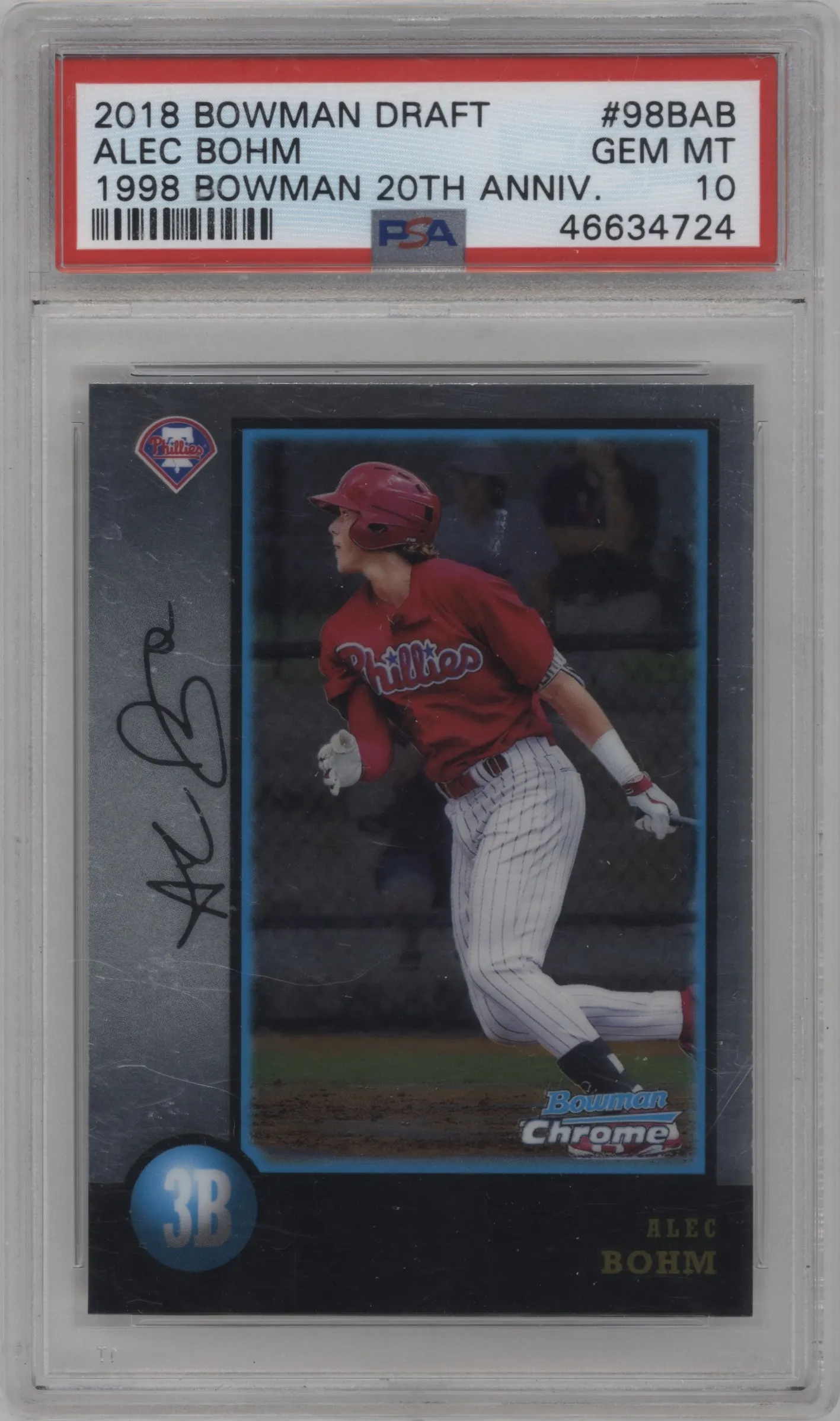 2018 Bowman Draft '98 Bowman 20th Anniv. Alec Bohm #98B-AB PSA 10