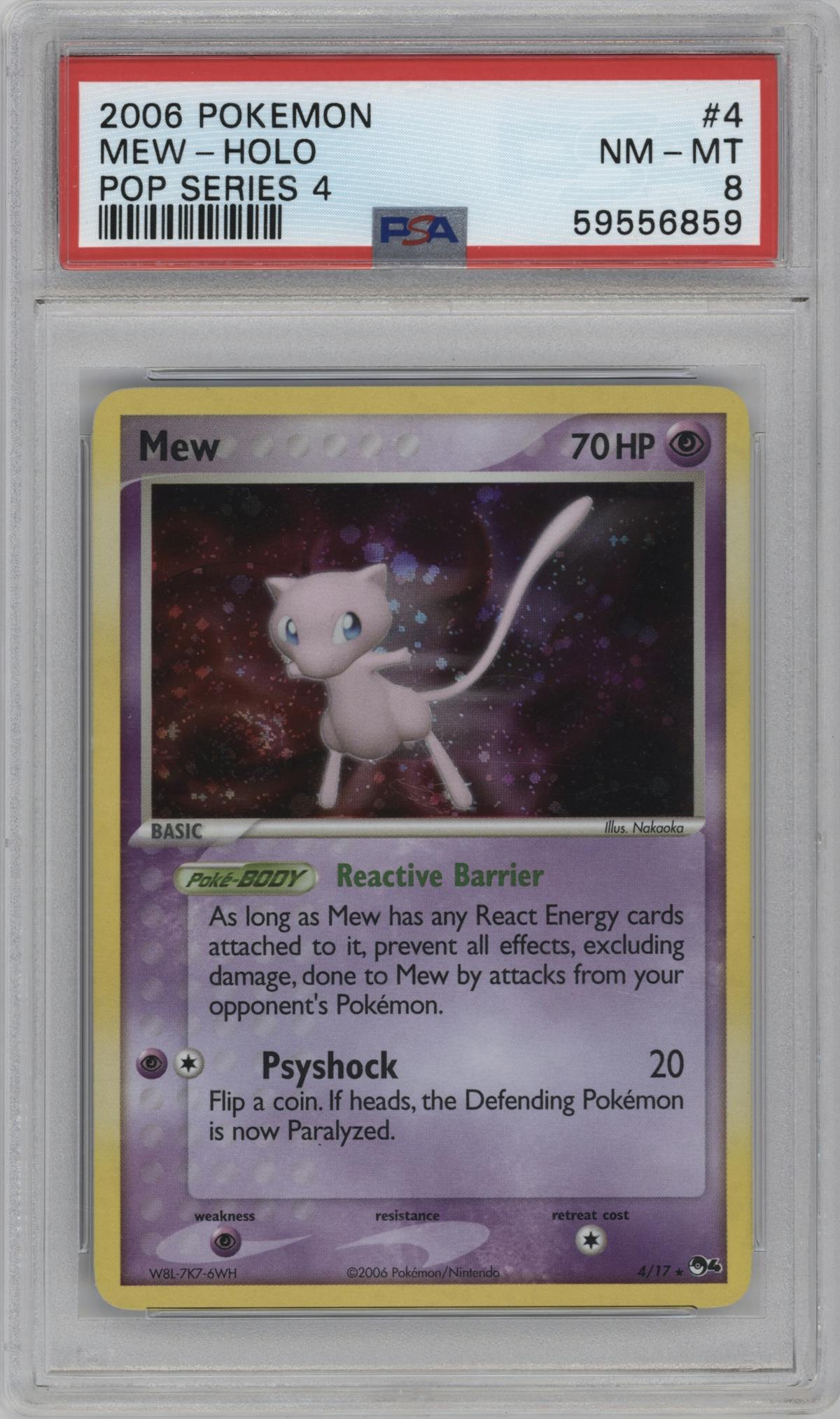 Mew from the 2006 Pokemon set graded by PSA and given an overall grade of 8.