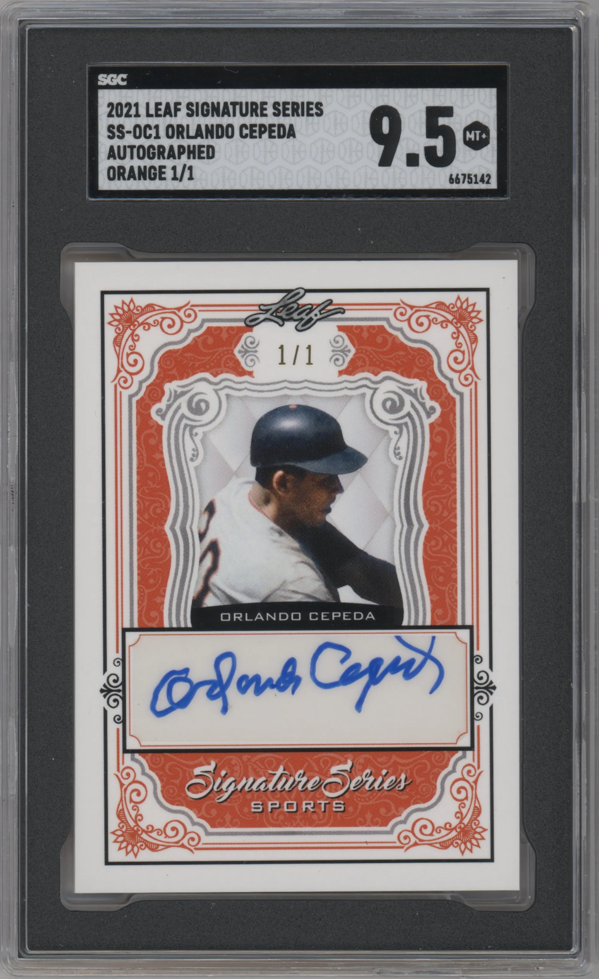 Orlando Cepeda from the 2021 Leaf Signature Series set featuring a Orange parallel graded by SGC and given an overall grade of 9.5.