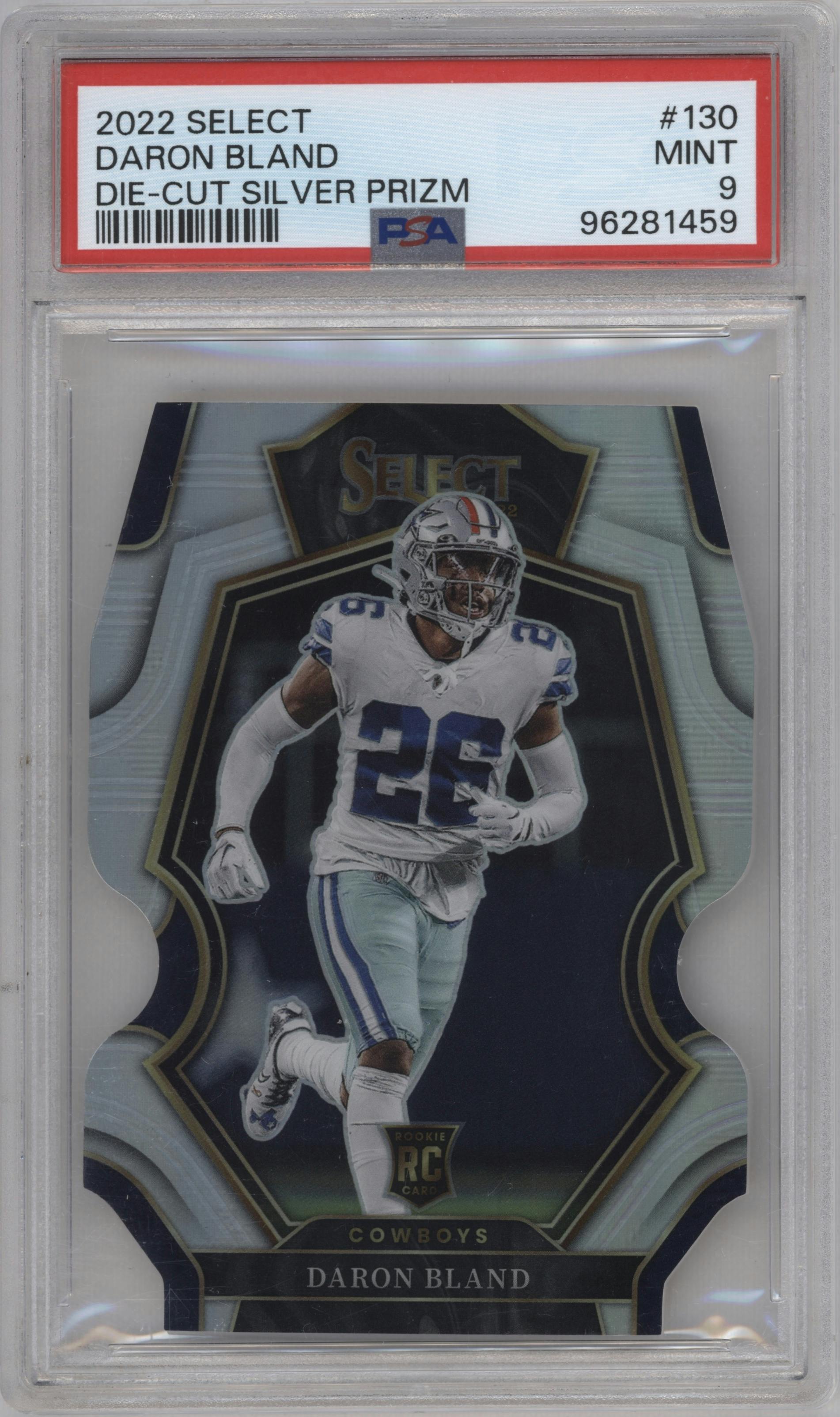 DaRon Bland from the 2022 Panini Select set featuring a Die-Cut Silver parallel graded by PSA and given an overall grade of 9.