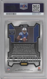 Anthony Richardson from the 2023 Panini Prizm set featuring a Disco parallel graded by PSA and given an overall grade of 10.