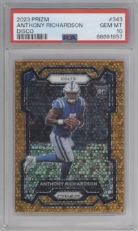Anthony Richardson from the 2023 Panini Prizm set featuring a Disco parallel graded by PSA and given an overall grade of 10.