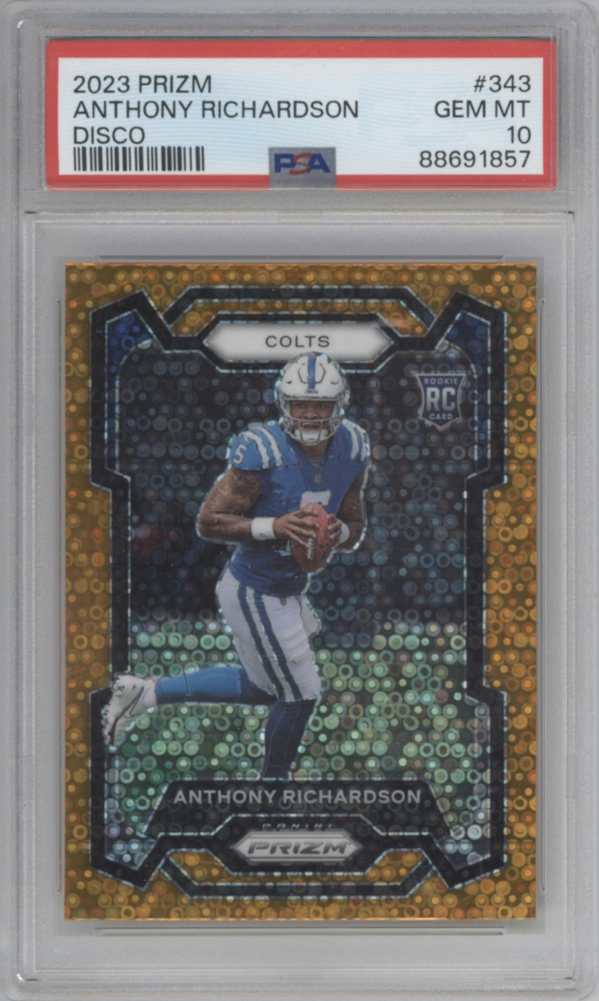 Anthony Richardson from the 2023 Panini Prizm set featuring a Disco parallel graded by PSA and given an overall grade of 10.