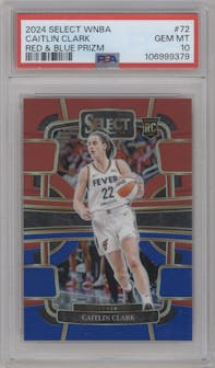 Caitlin Clark from the 2024 Panini Select WNBA set featuring a Red and Blue Prizm parallel graded by PSA and given an overall grade of 10.