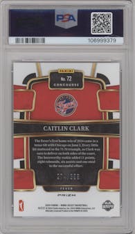 Caitlin Clark from the 2024 Panini Select WNBA set featuring a Red and Blue Prizm parallel graded by PSA and given an overall grade of 10.
