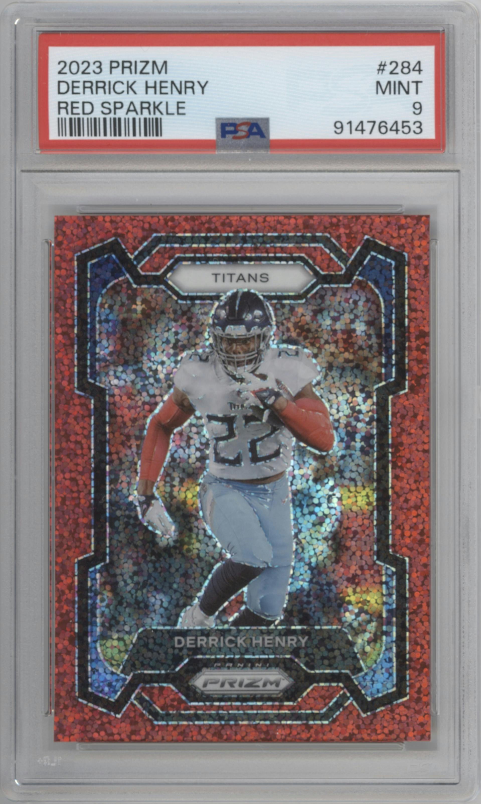 Derrick Henry from the 2023 Panini Prizm set featuring a Red Sparkle parallel graded by PSA and given an overall grade of 9.