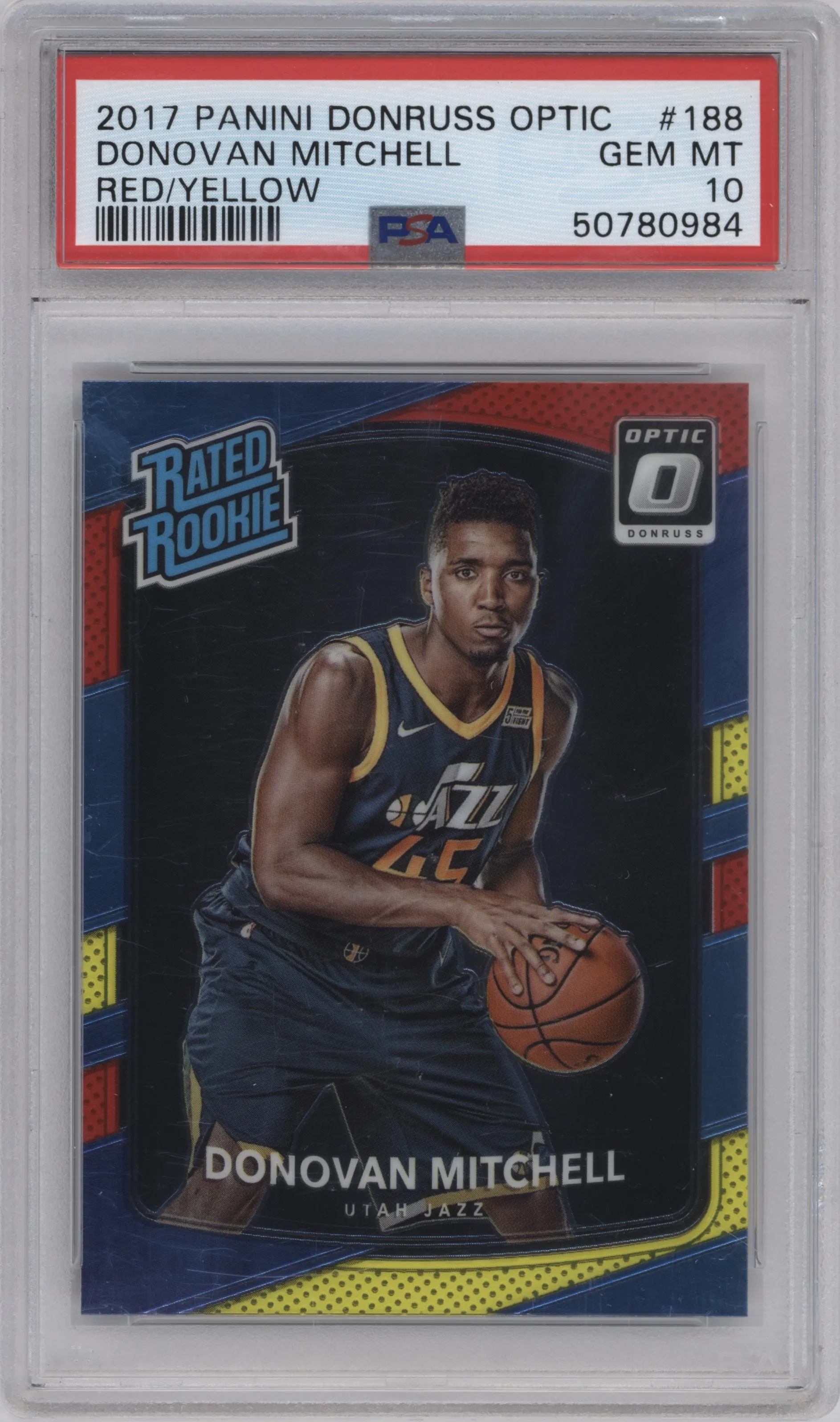 2017 Panini Donruss Optic Rated Rookie Donovan Mitchell Red/Yellow PSA 10