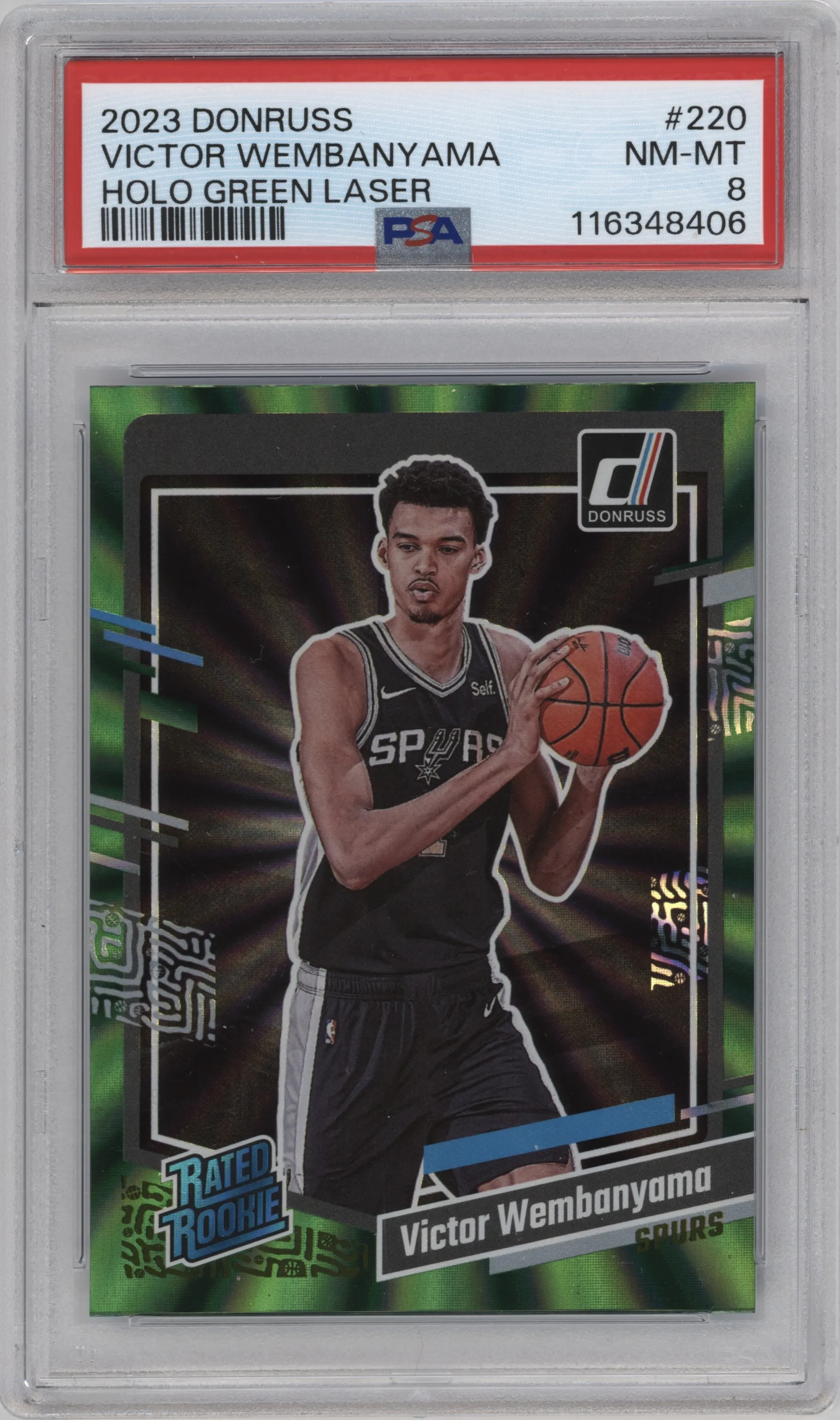 2023 Panini Donruss Rated Rookie Victor Wembanyama Green Holo Laser #220 PSA 8