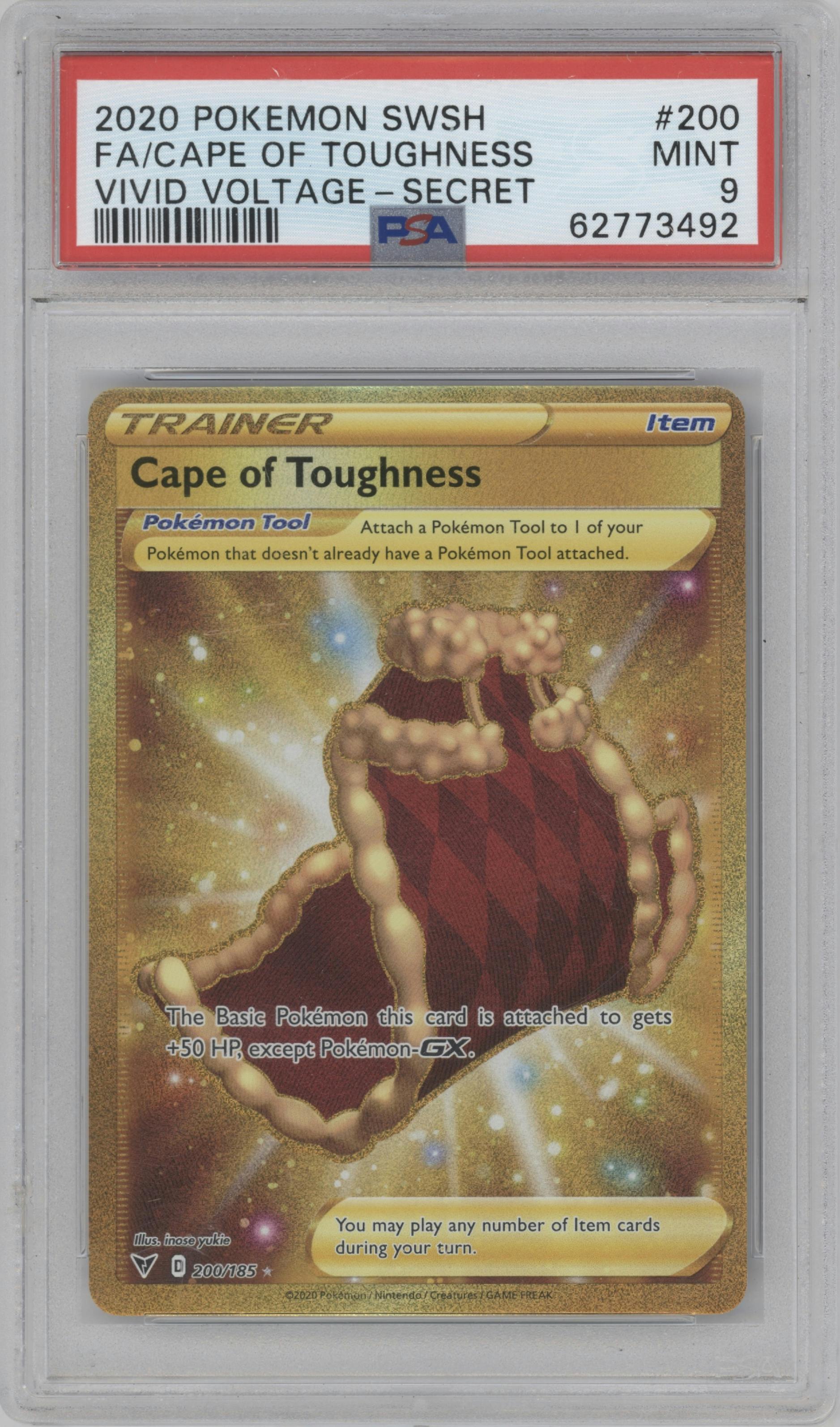 Cape of Toughness from the 2020 Pokemon SWSH set graded by PSA and given an overall grade of 9.