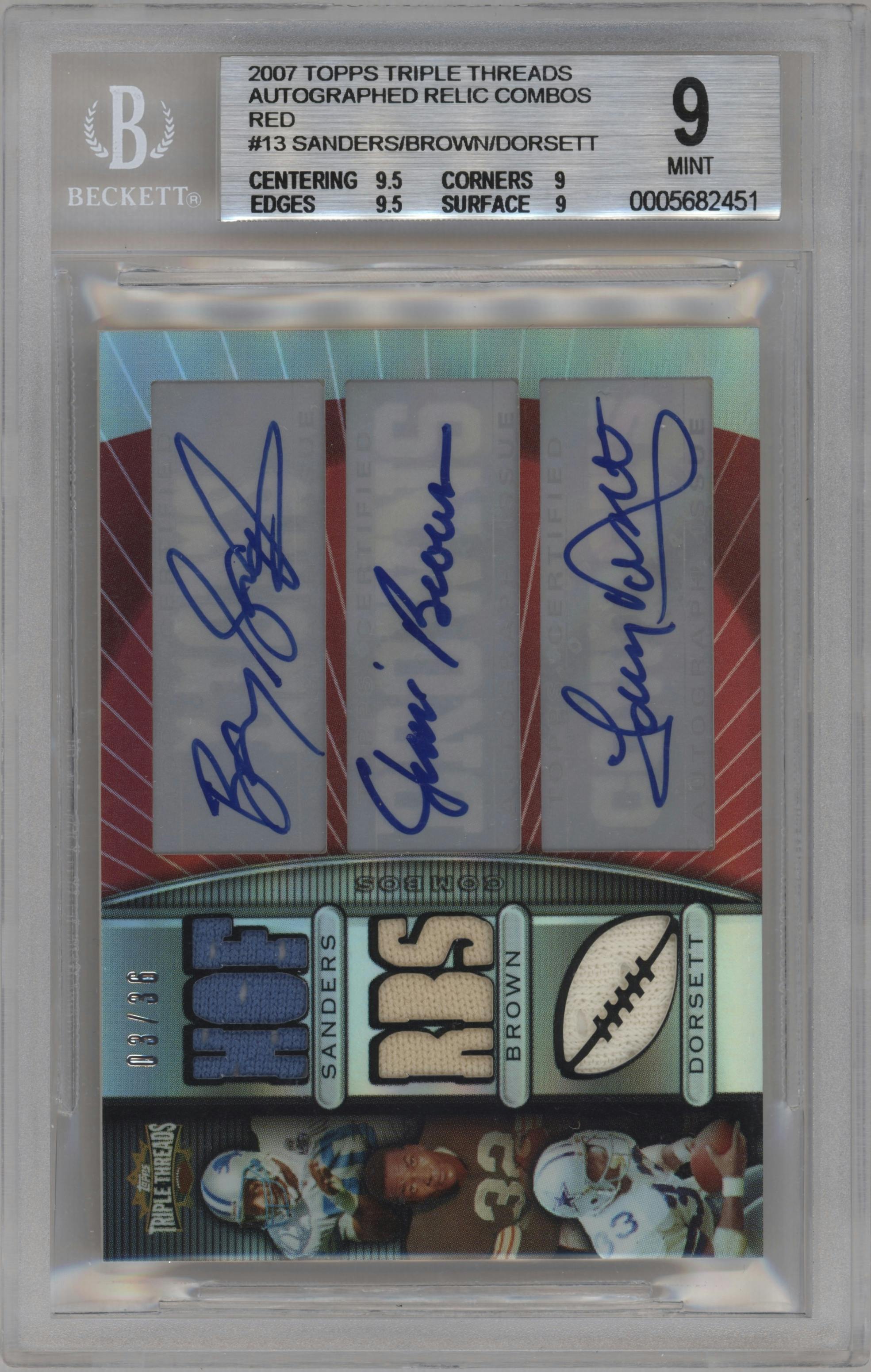 Barry Sanders/Jim Brown/Tony Dorsett from the 2007 Topps Triple Threads set featuring a Red parallel graded by Beckett and given an overall grade of 9.